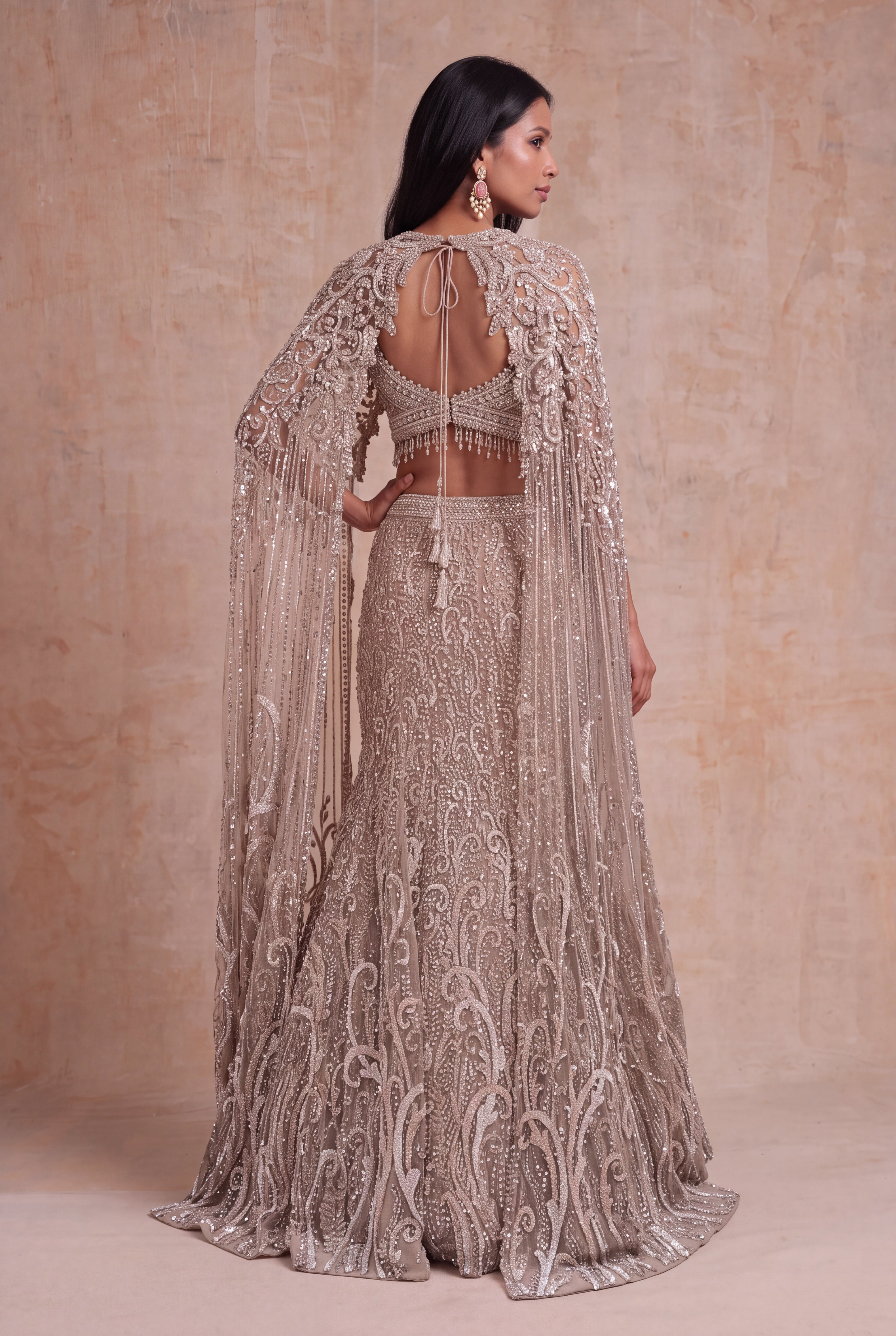 Taupe Net Fish-Cut Lehenga