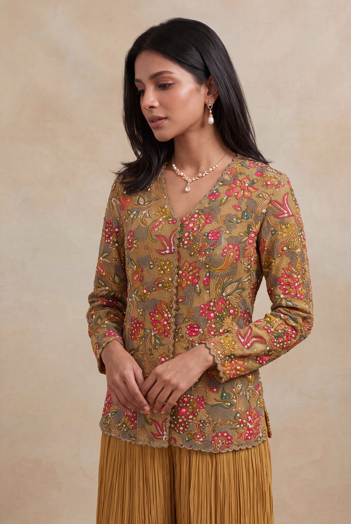 Mustard Yellow Printed Co-ord Set with Metallic Thread Embroidery