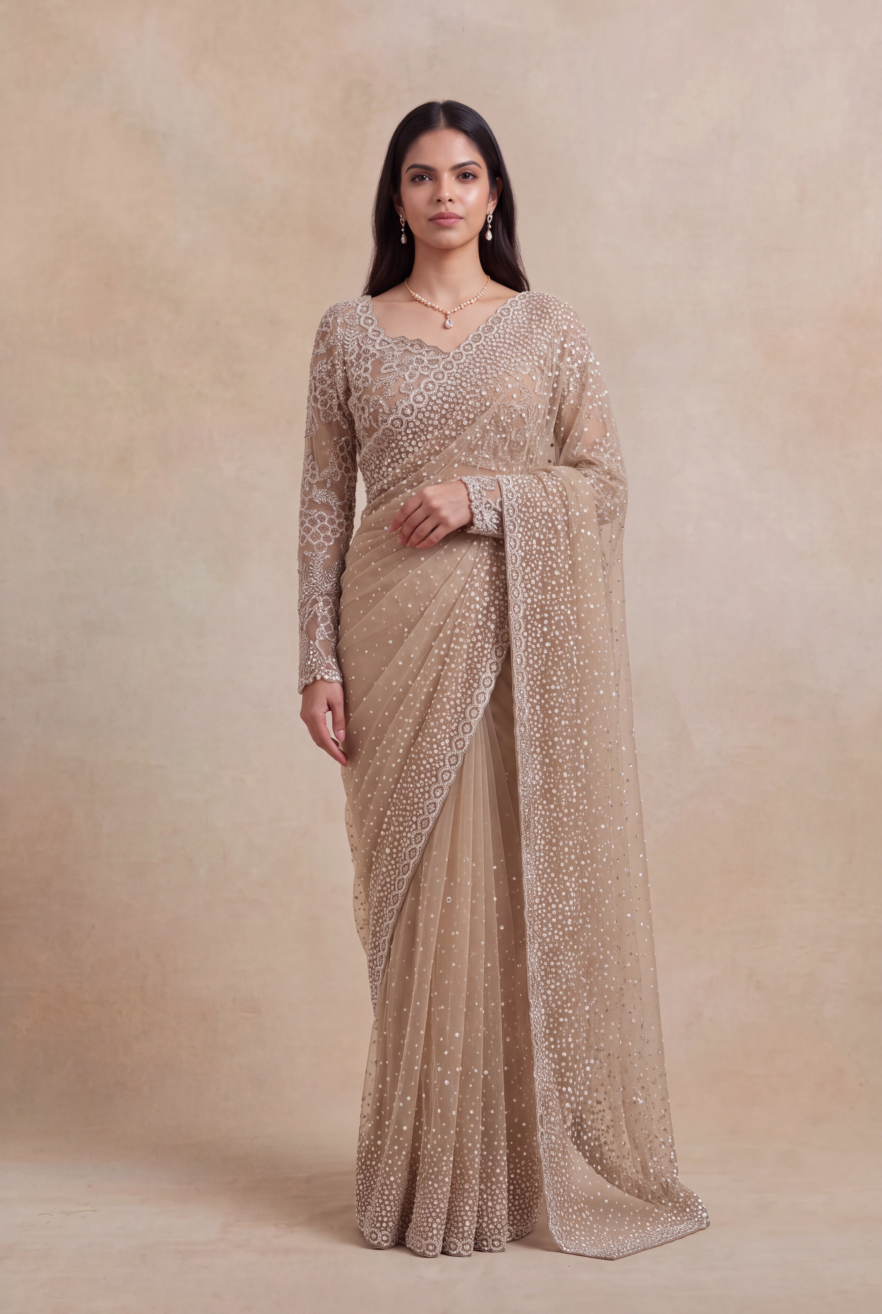 Champagne Beige Net Designer Saree