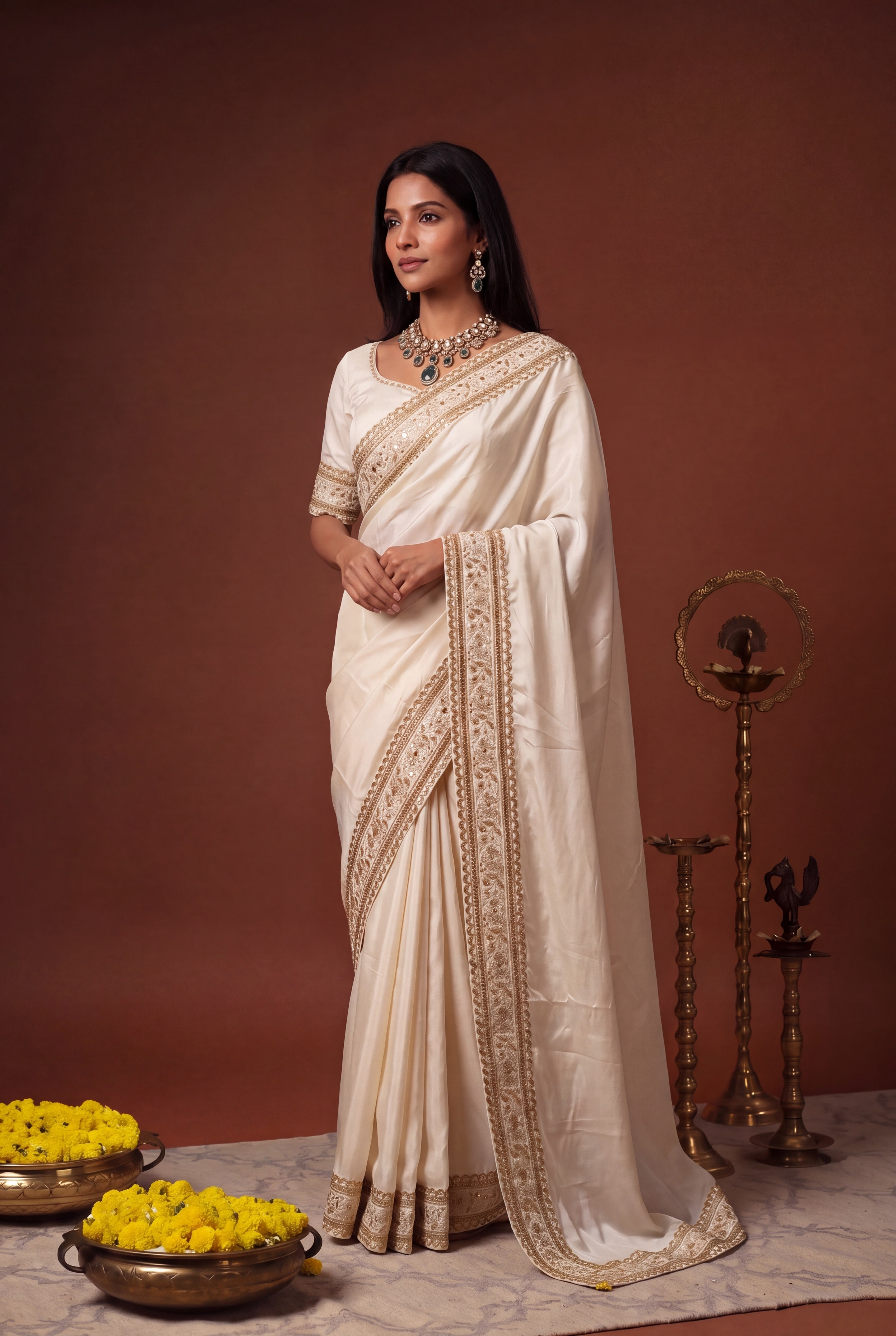 Ivory Satin Saree with Gold Sequin Embroidery
