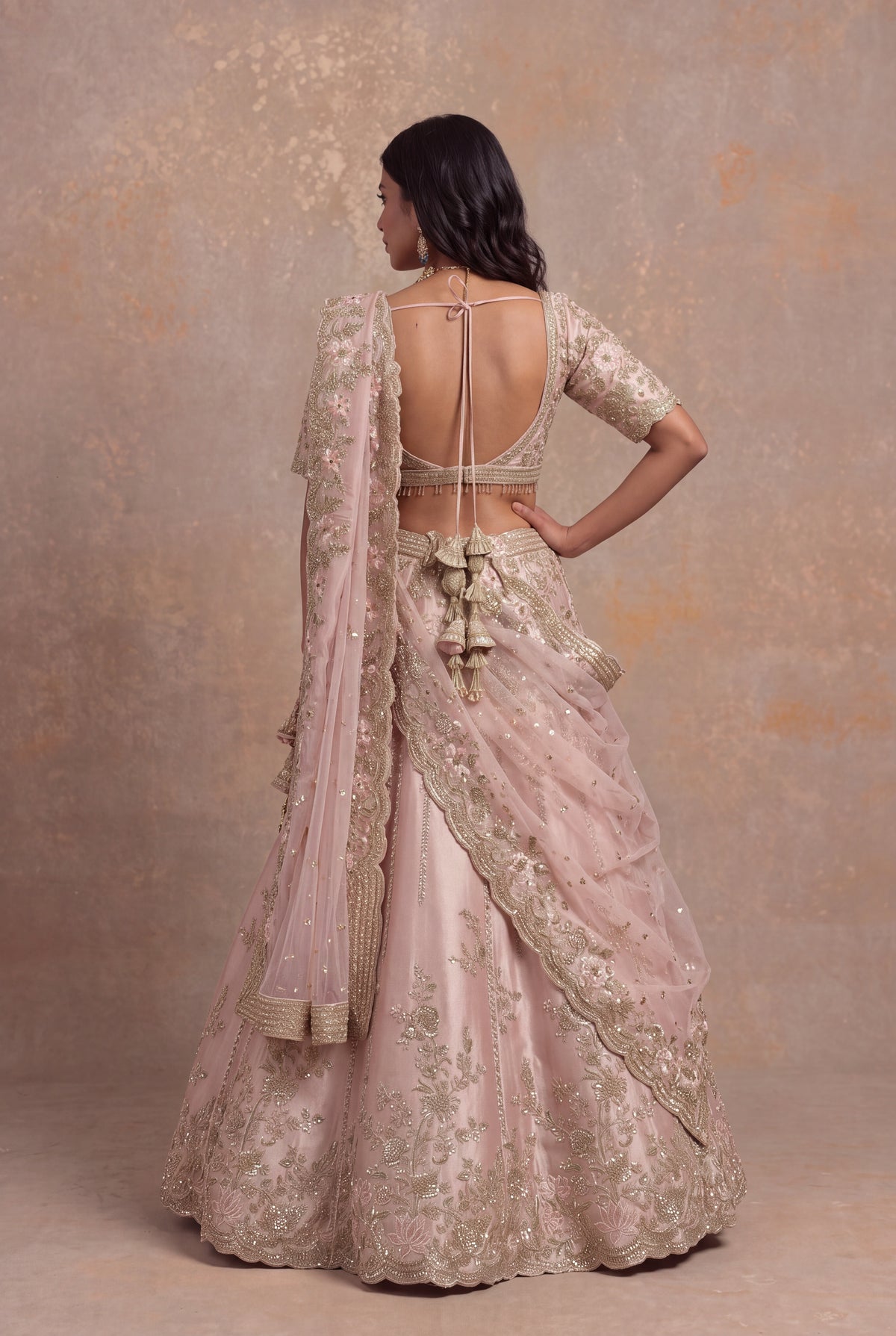 Baby Pink Tissue Silk Lehenga Set with Thread and Zardozi Work