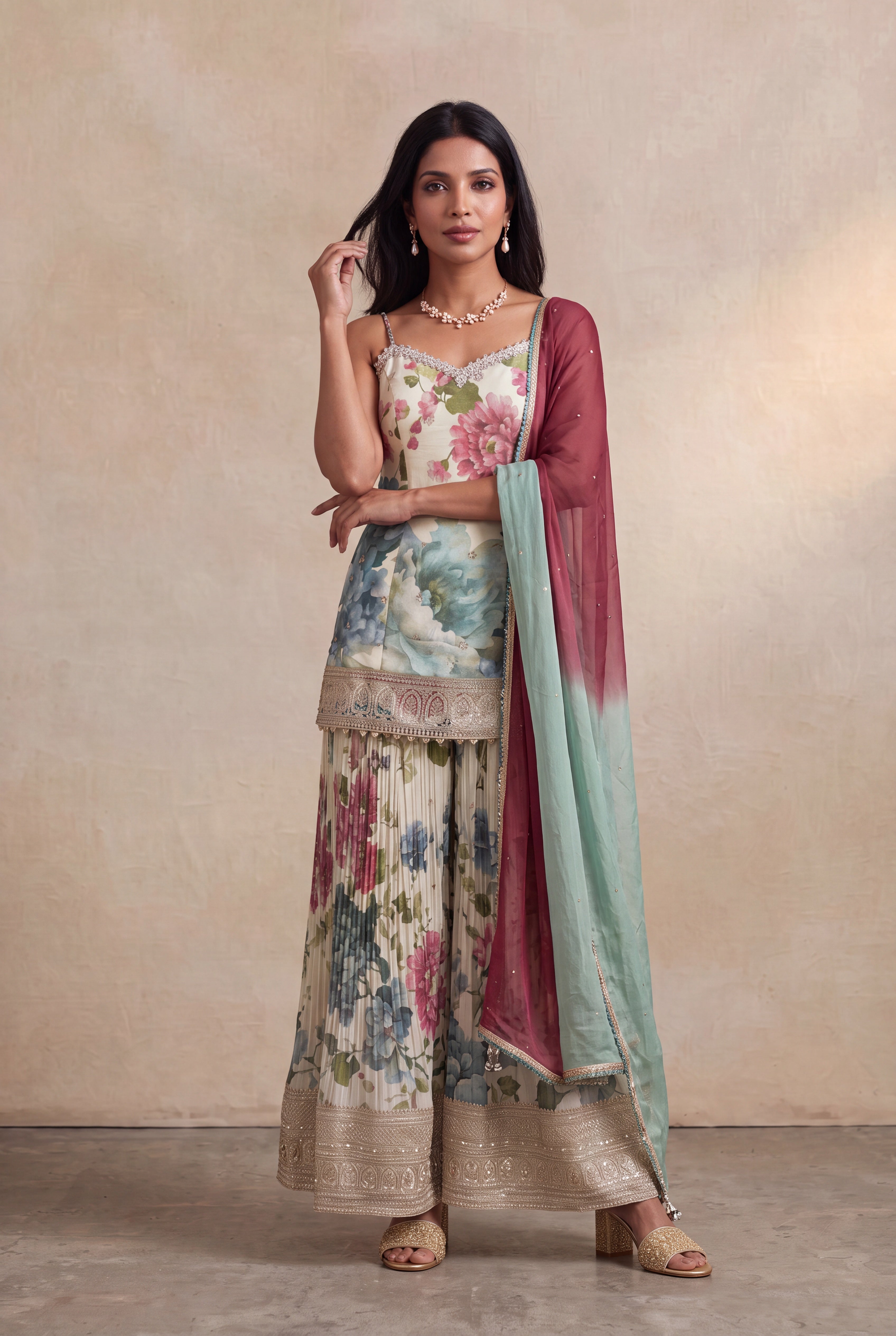Ivory Floral Printed Tissue Sharara Set with Zari Border
