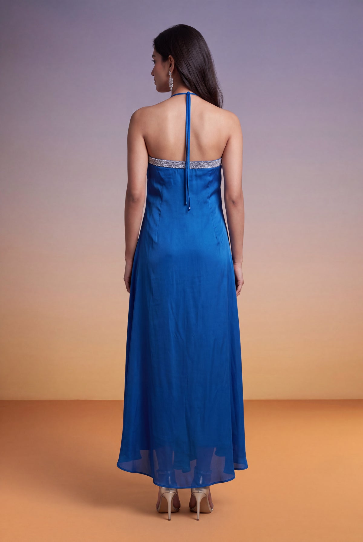 Blue & Teal Draped Halter-Neck Indo-Western Dress