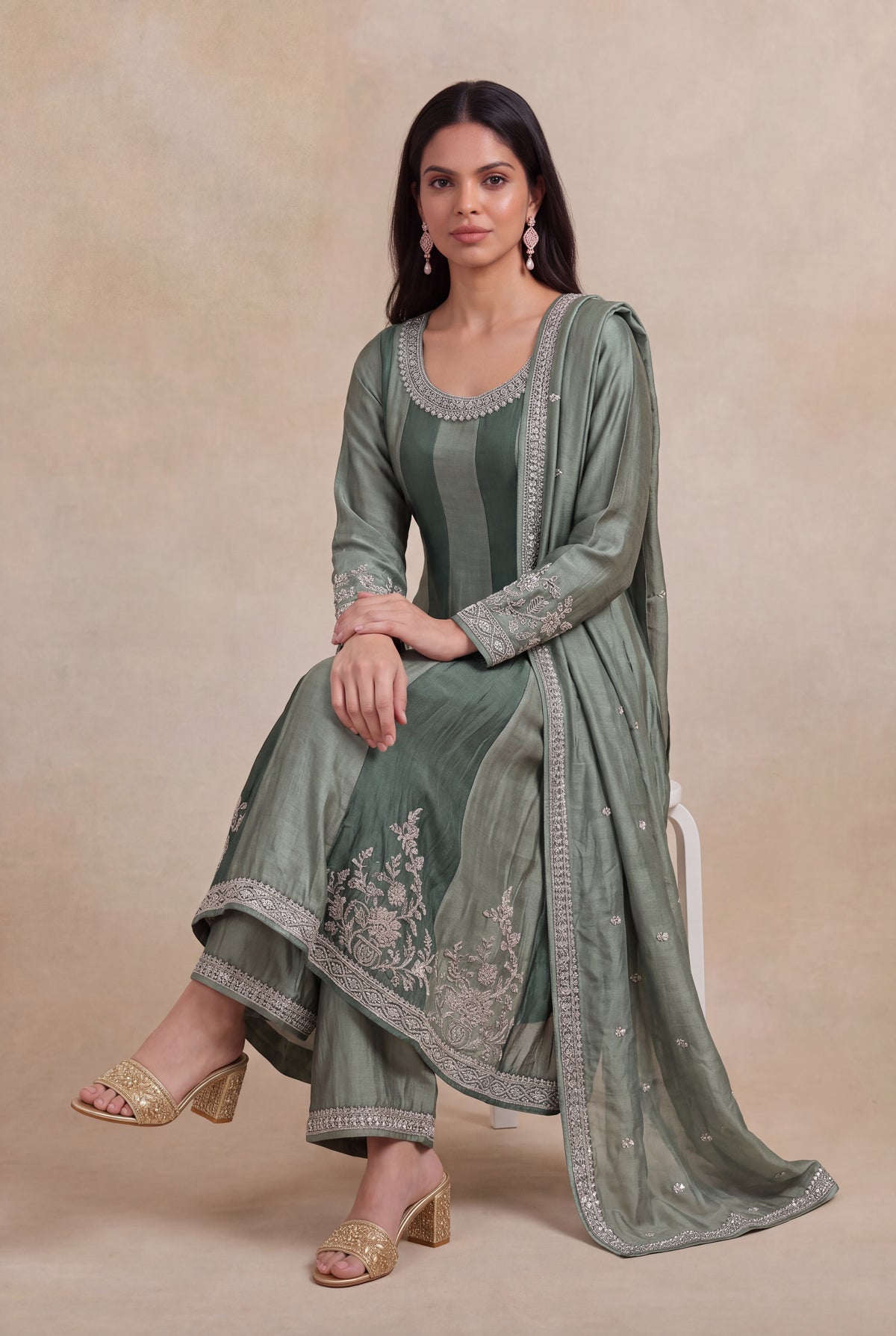 Sage Green Raw Silk Anarkali Set