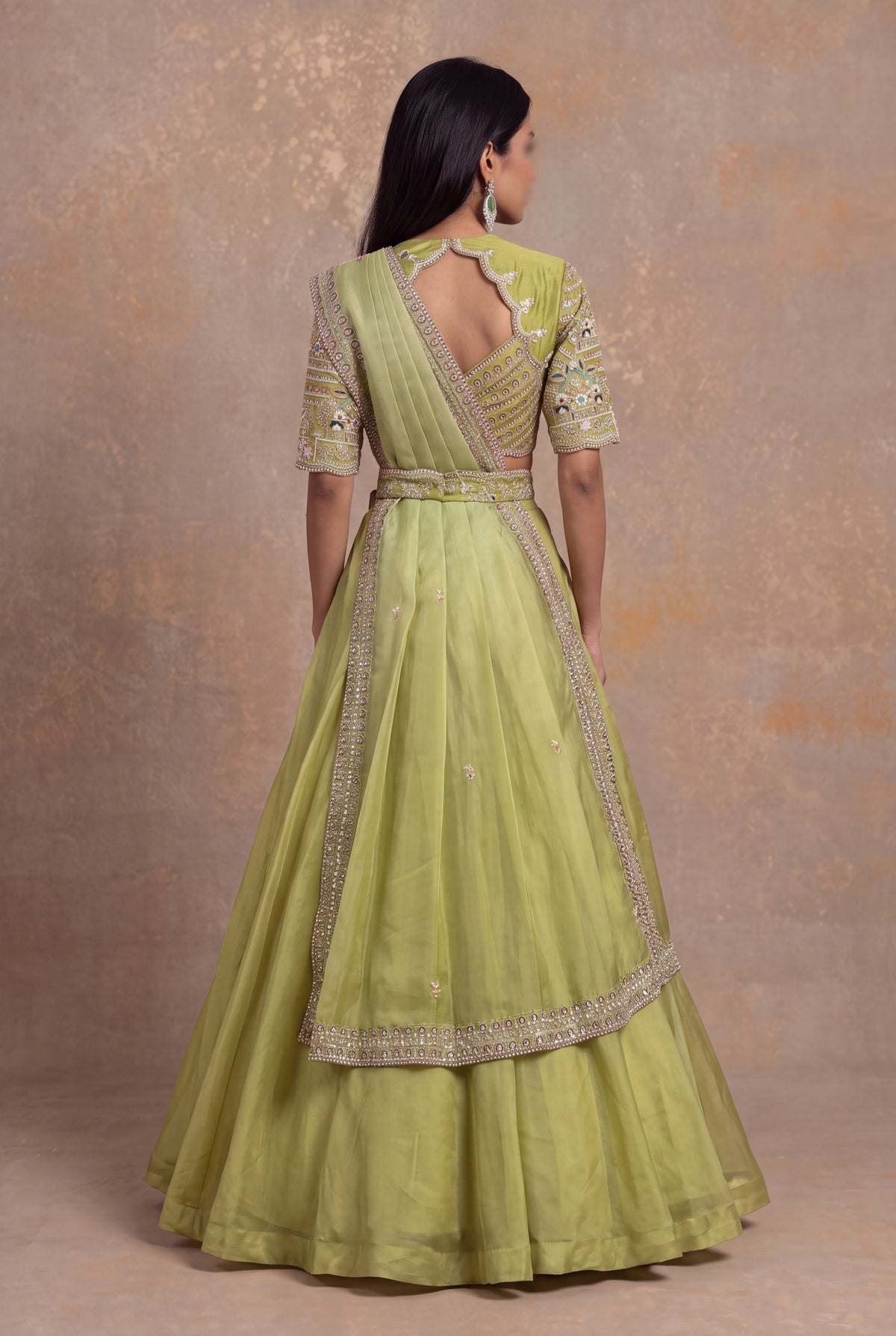 Pastel Green Organza Draped Lehenga