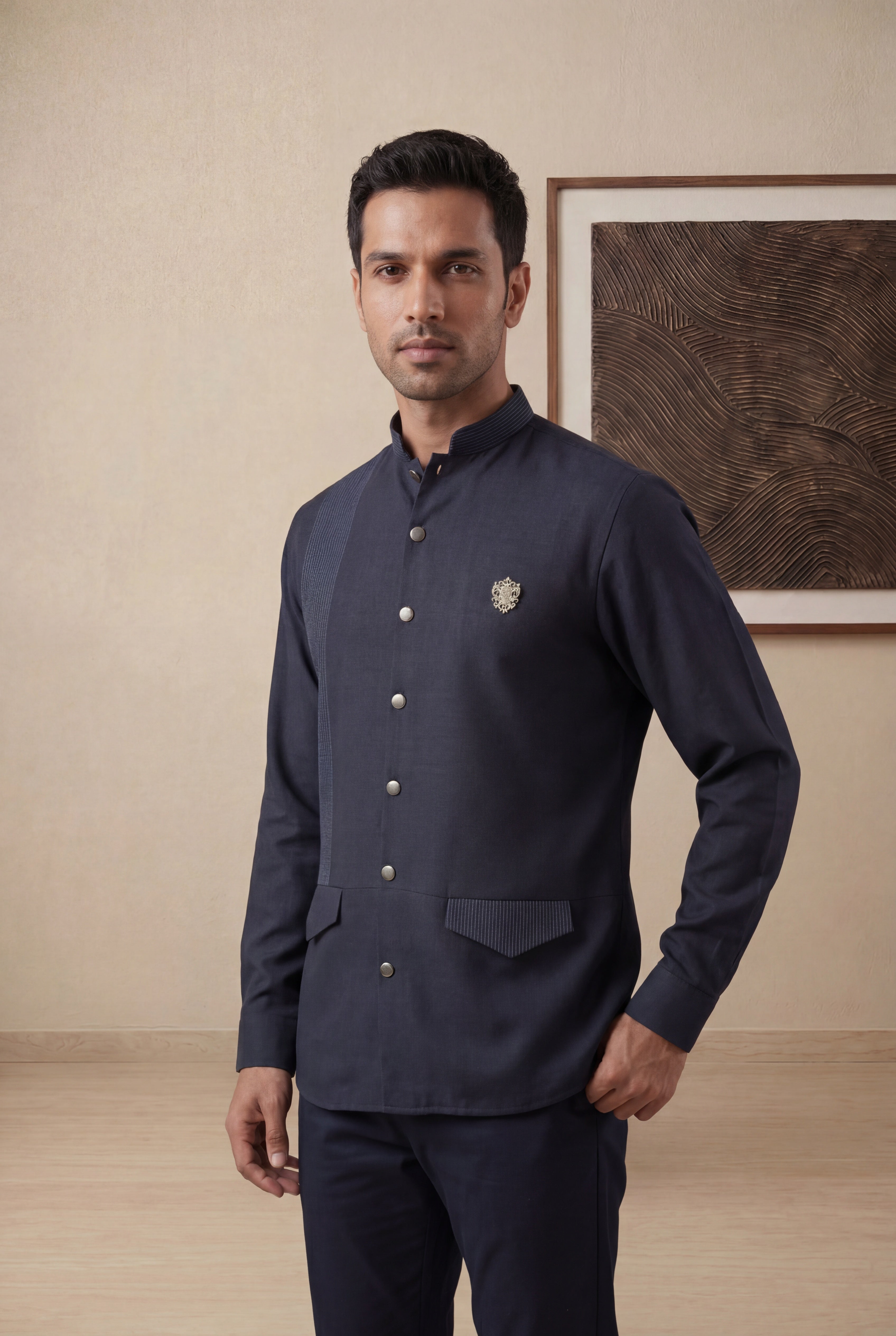 Navy Blue Cotton Mandarin Collar Shirt