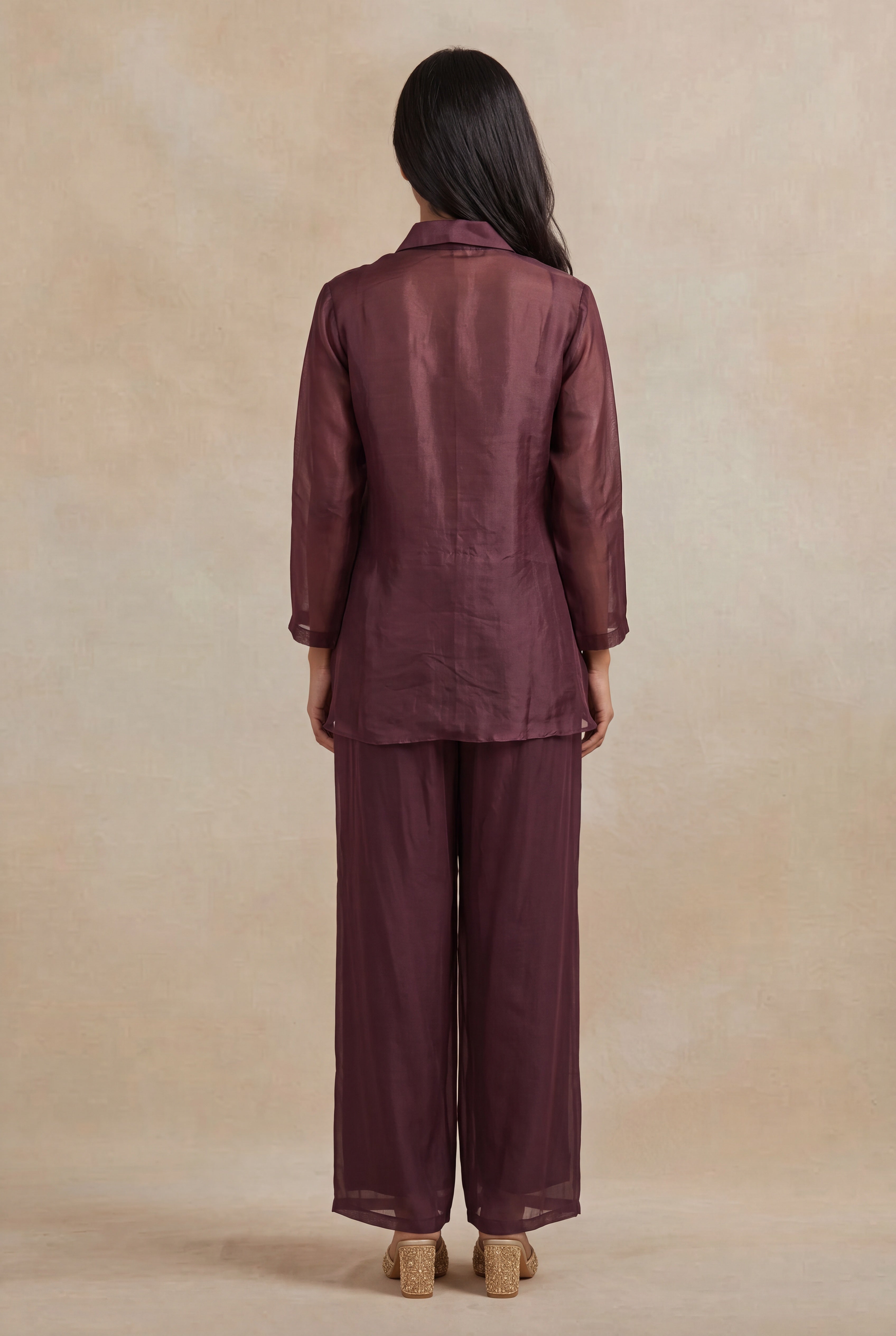Wine Organza Embellished Co-ord Set