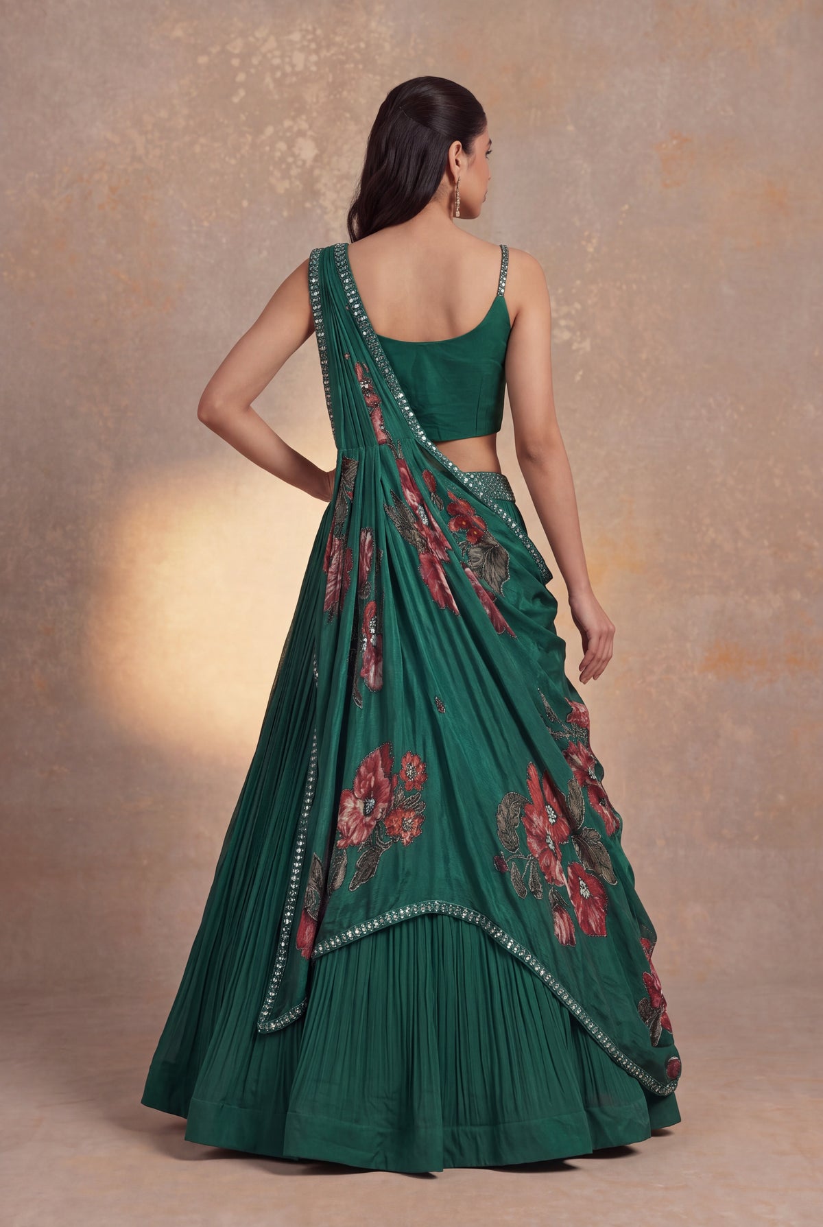 Bottle Green Georgette Draped Lehenga