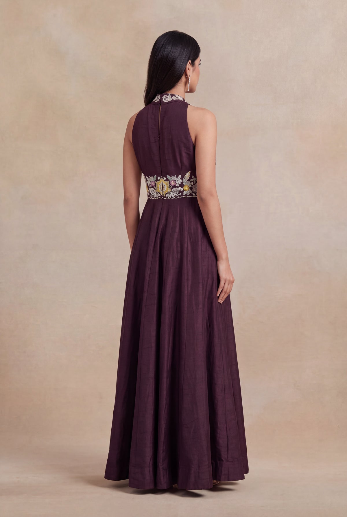 Wine Raw Silk Floral Embroidered Western Gown