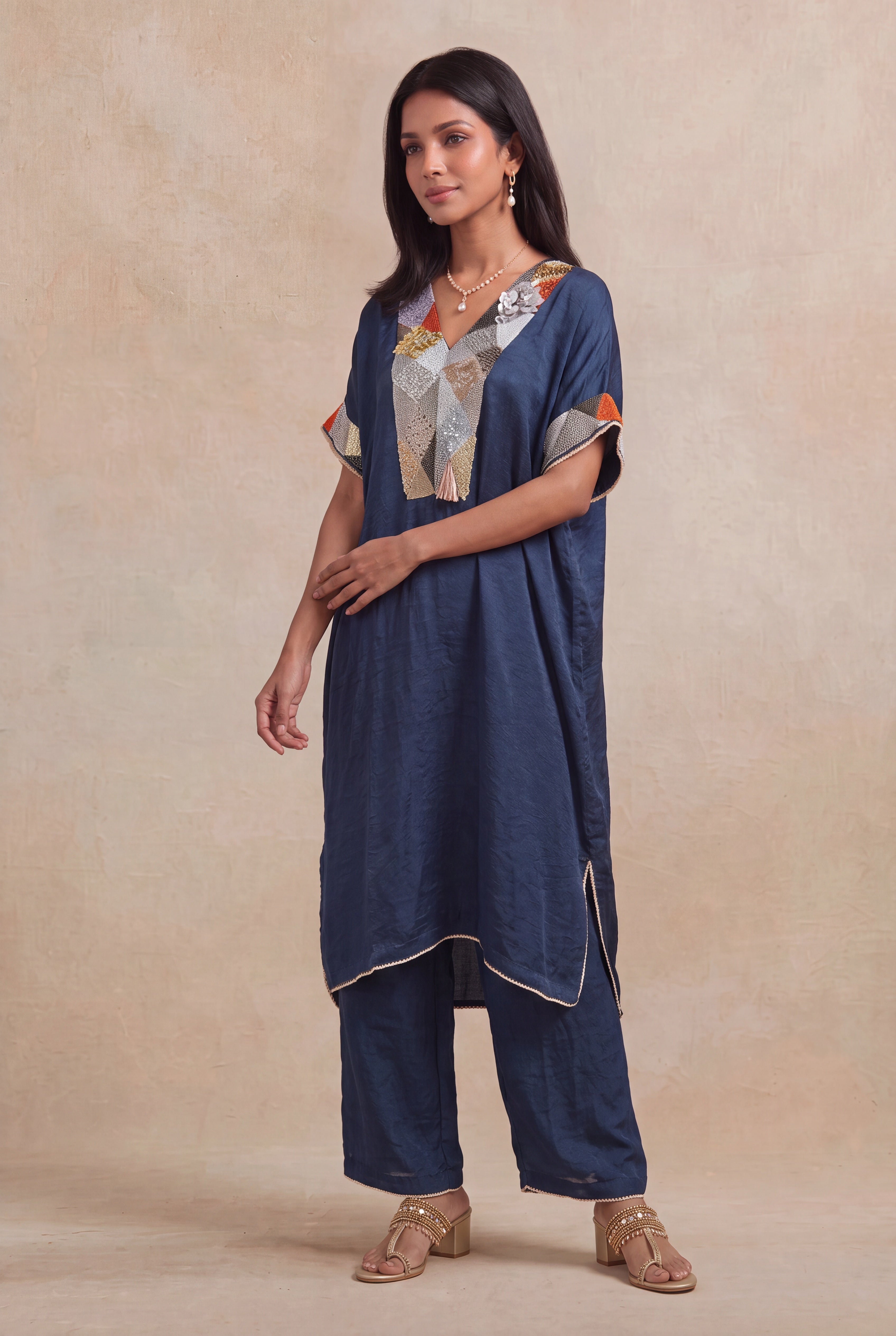 Navy Blue Soft Silk Kaftan Co-ord Set