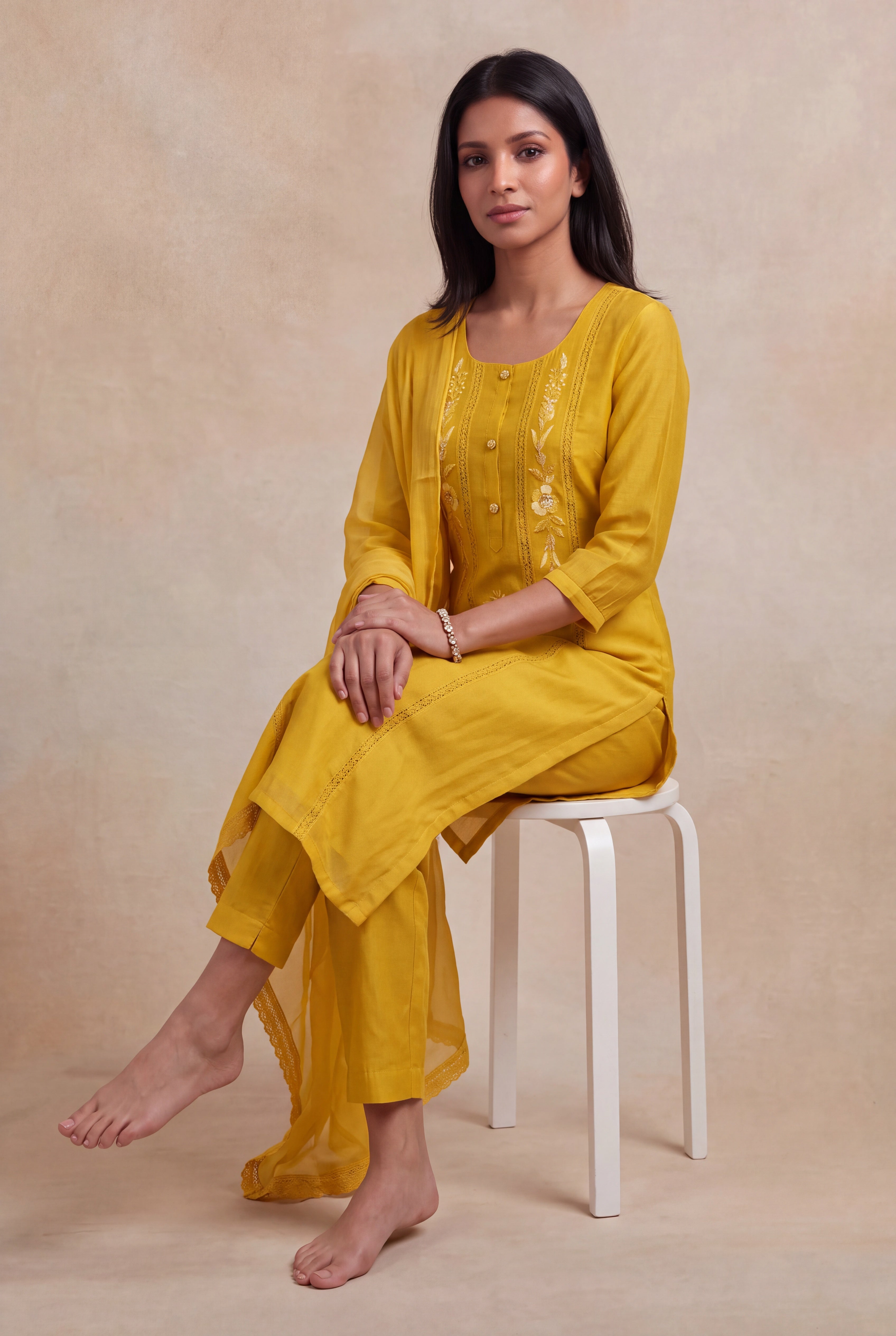 Mustard Yellow Mul Cotton Embroidered Salwar Set