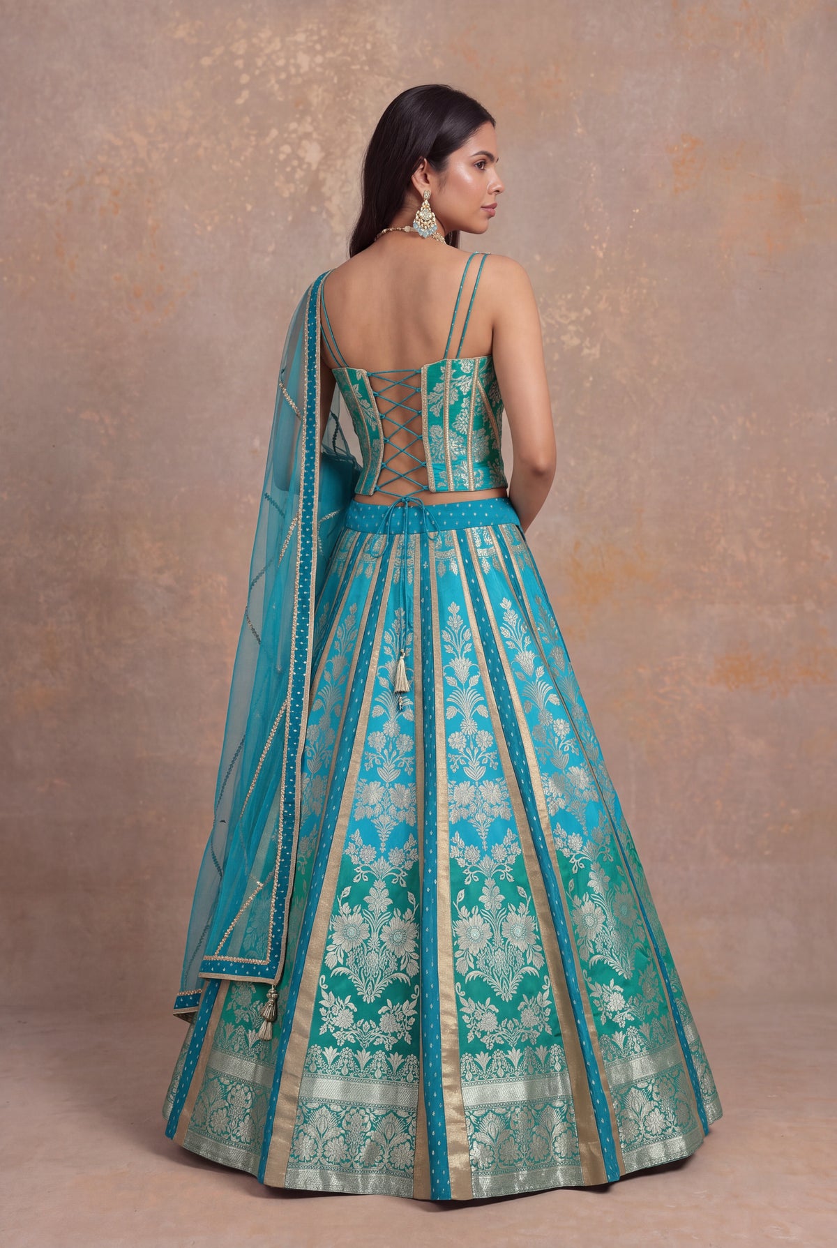 Turquoise Teal Ombre Banarasi Silk Lehenga Set