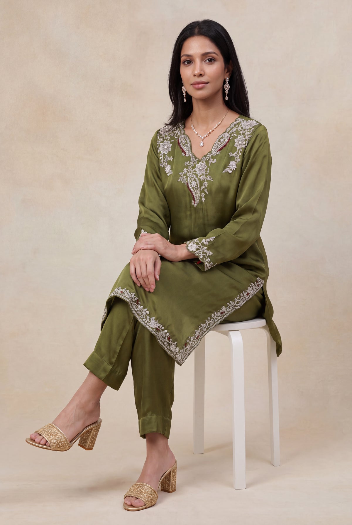 Olive Green Satin Silk Indo-Western Set with Zardozi Work