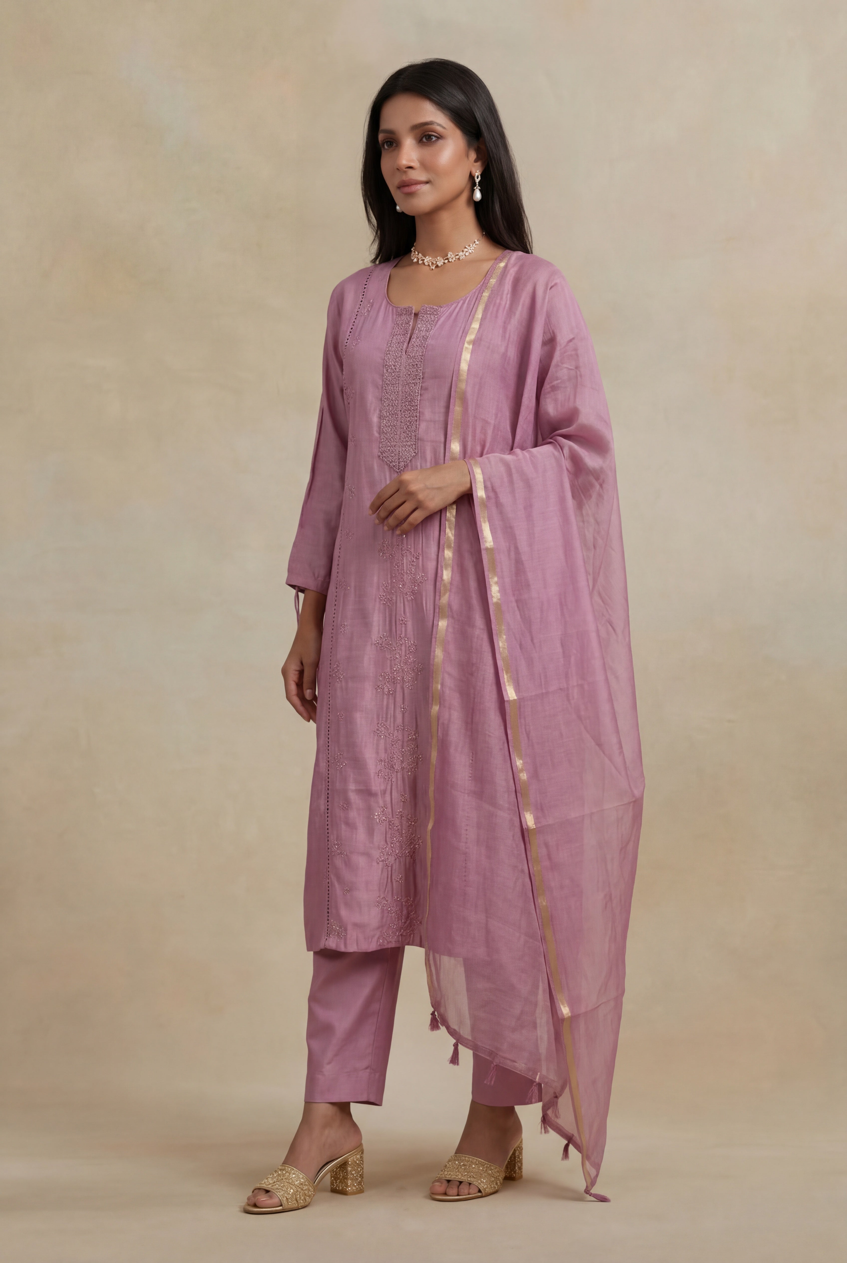 Dusty Pink Mul Cotton Embroidered Straight-Cut Salwar Set