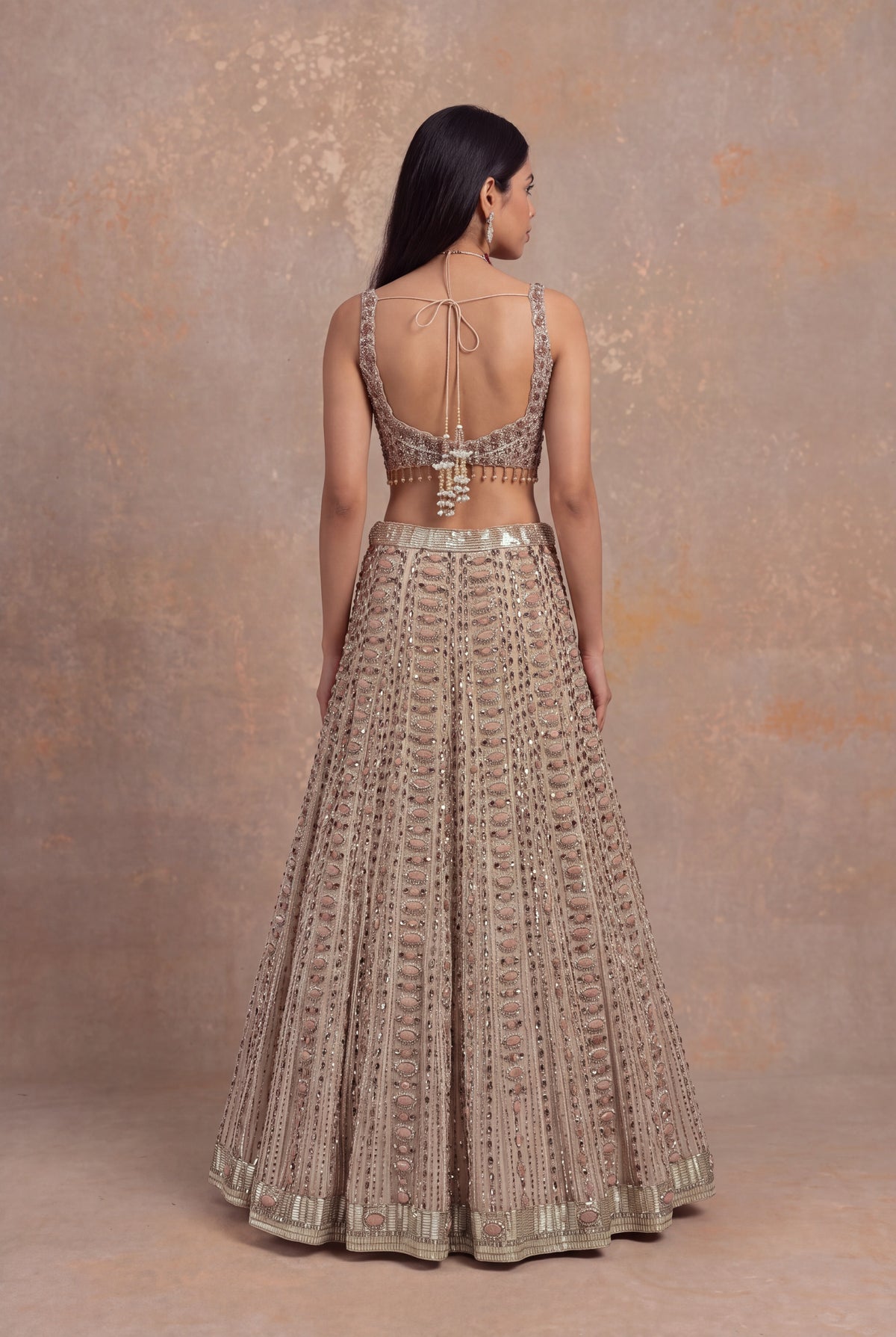 Light Peach Silk Lehenga Set with Stone and Pearl Embroidery
