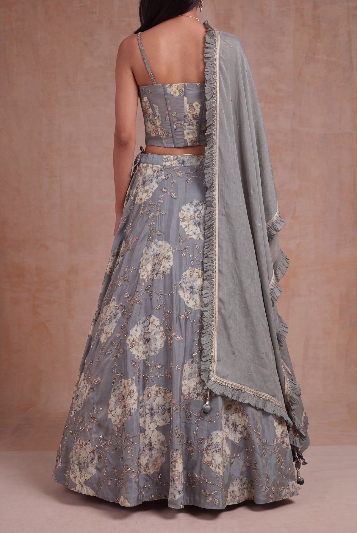 Grey Tissue Silk Floral Lehenga with Zari Work