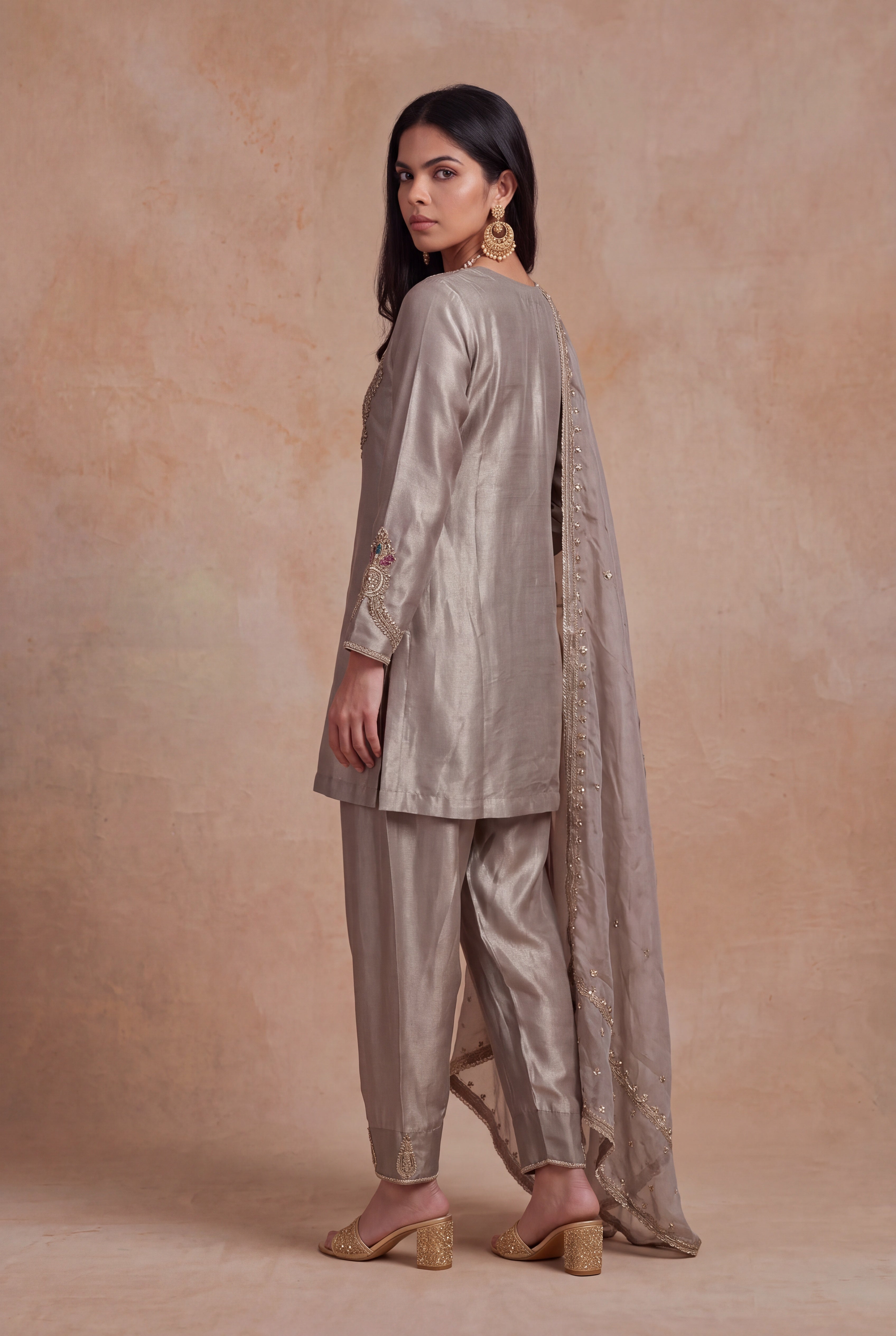 Silver Grey Tissue Indo-Western Set
