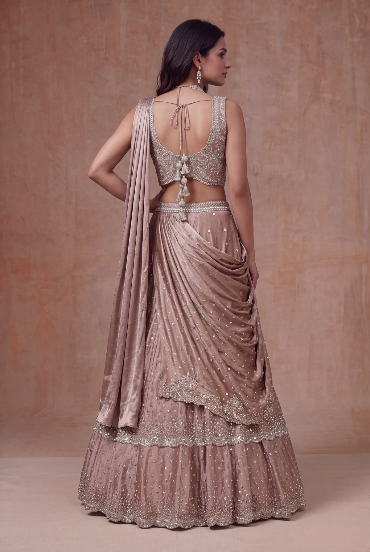 Rose Taupe Satin Silk Draped Lehenga with Sequin Work