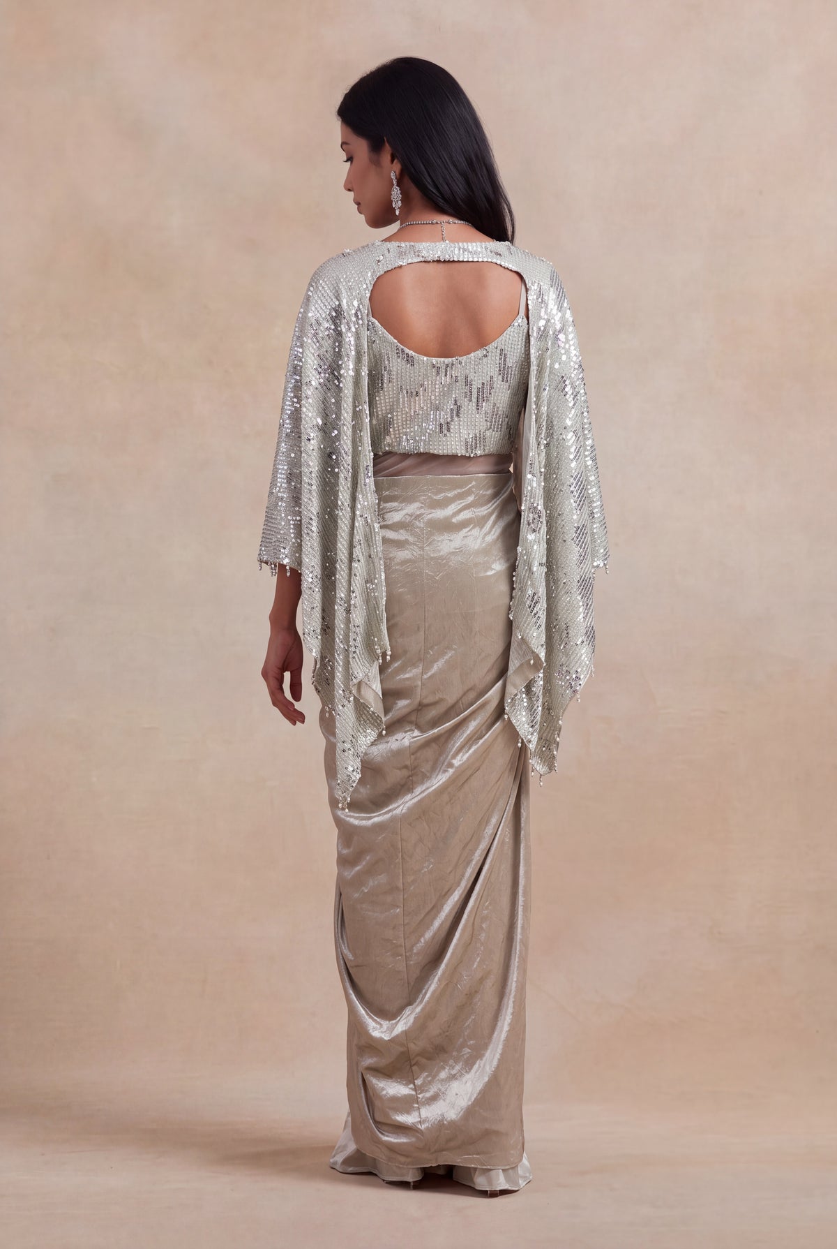 Champagne Silver Sequin & Pearl Draped Gown