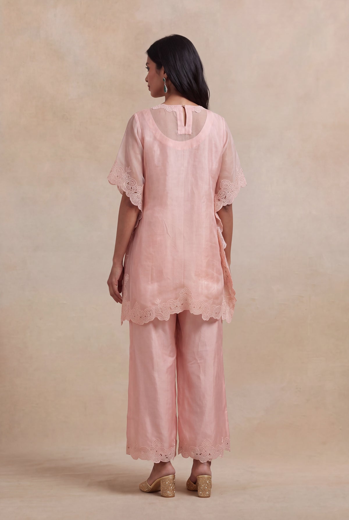 Blush Pink Organza Kaftan with Floral Thread Embroidery