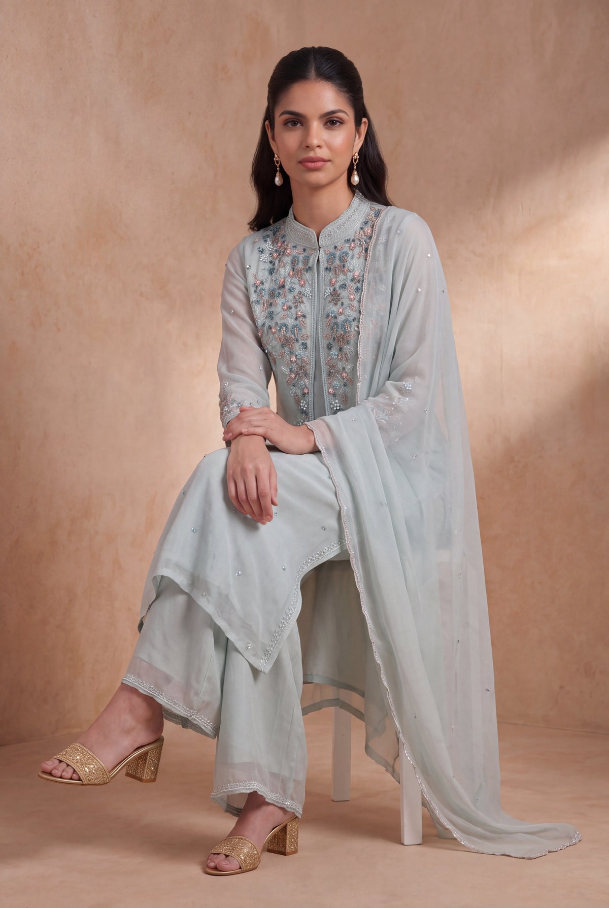 Powder Blue Crepe Indo-Western Sharara Set