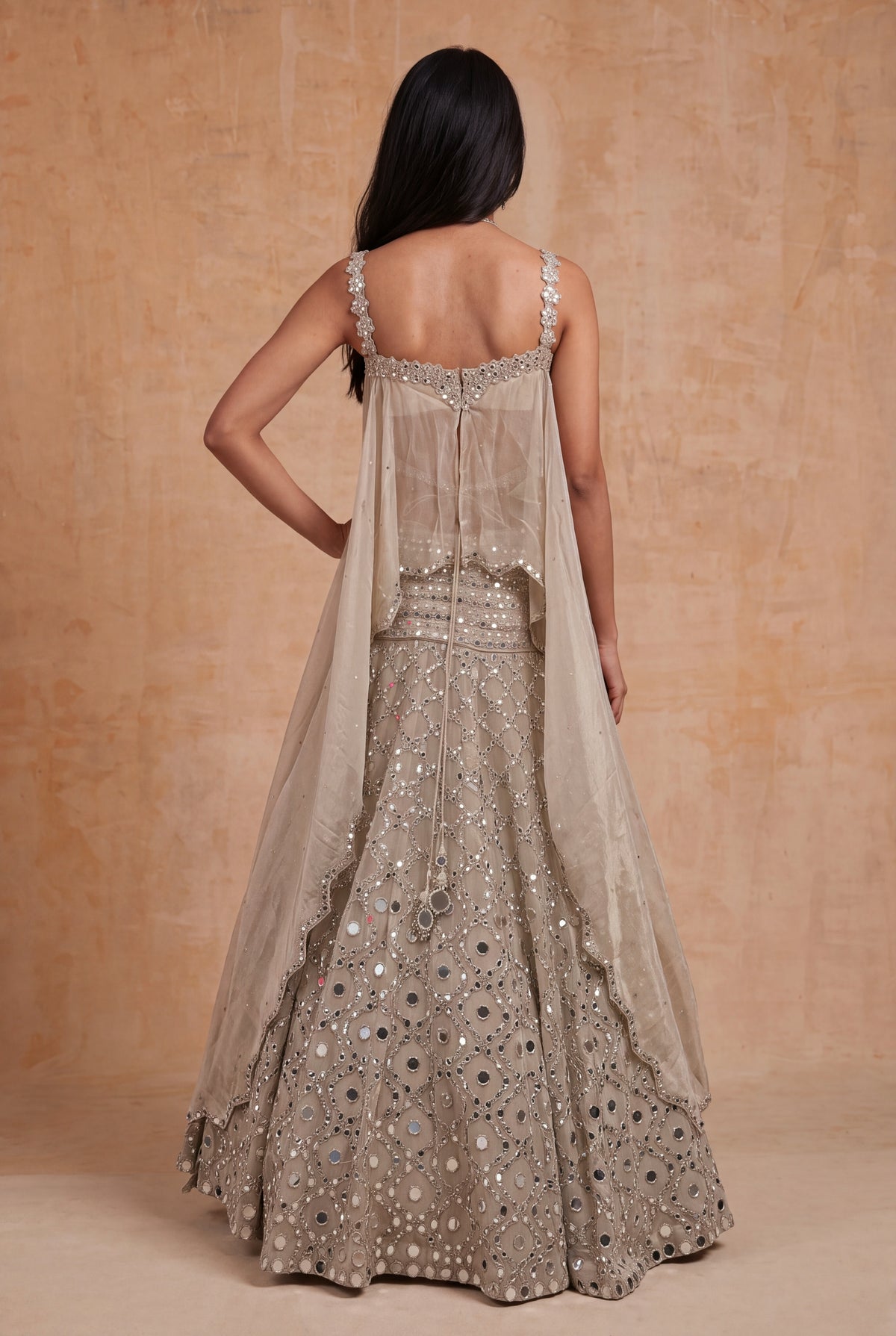 Beige Mirror Work Tissue Lehenga Set