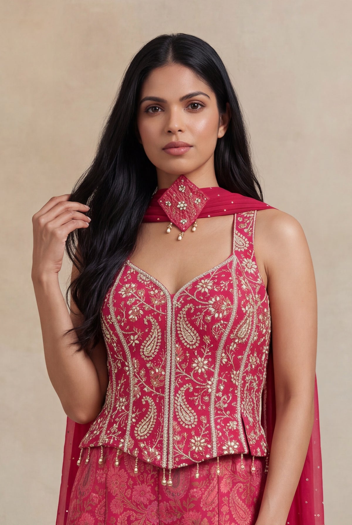Pink Banarasi Indo-Western Palazzo Set with Embellished Corset