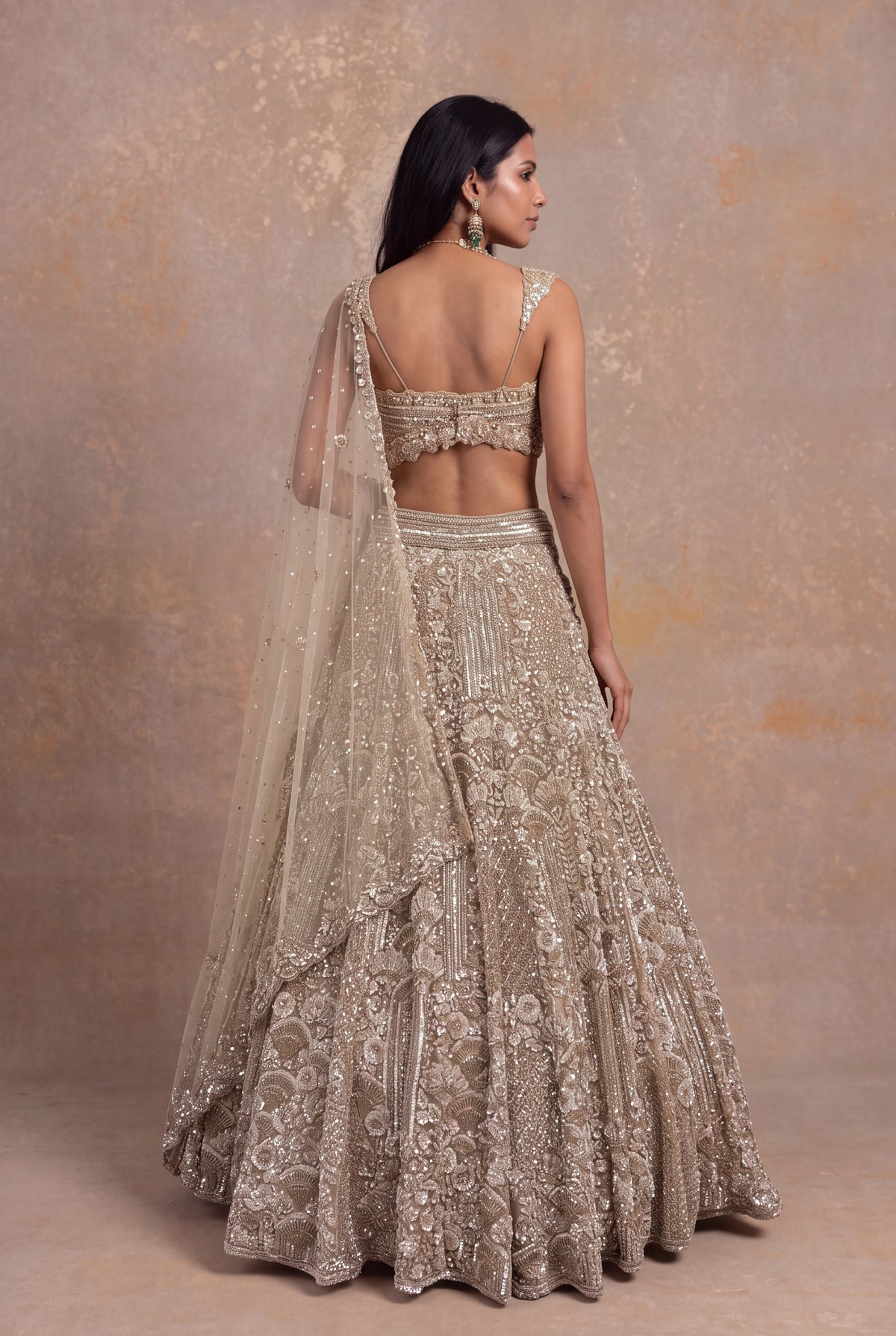 Beige Gold Net Lehenga with Sequin and Bead Embroidery