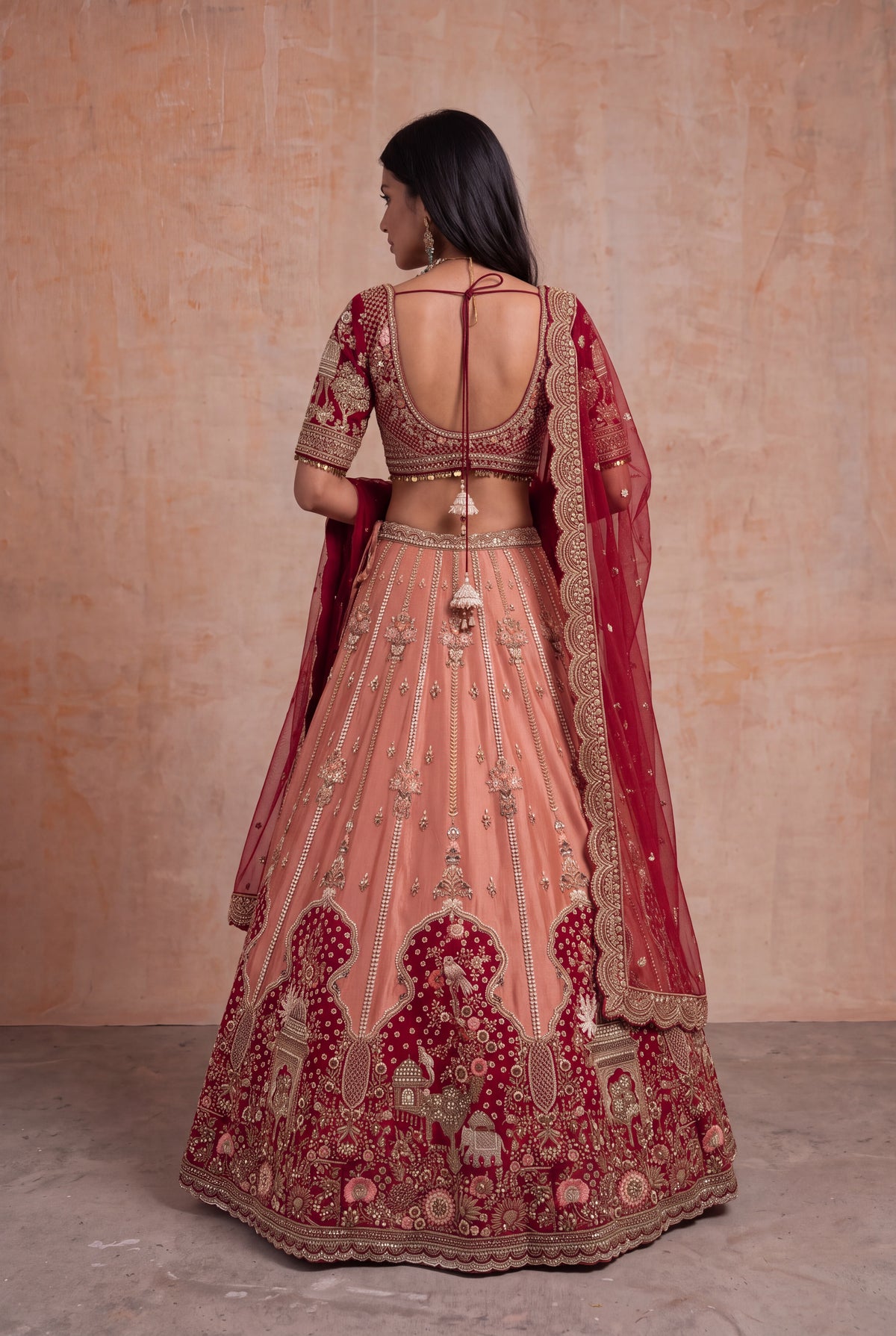 Peach & Deep Red Tissue Bridal Lehenga