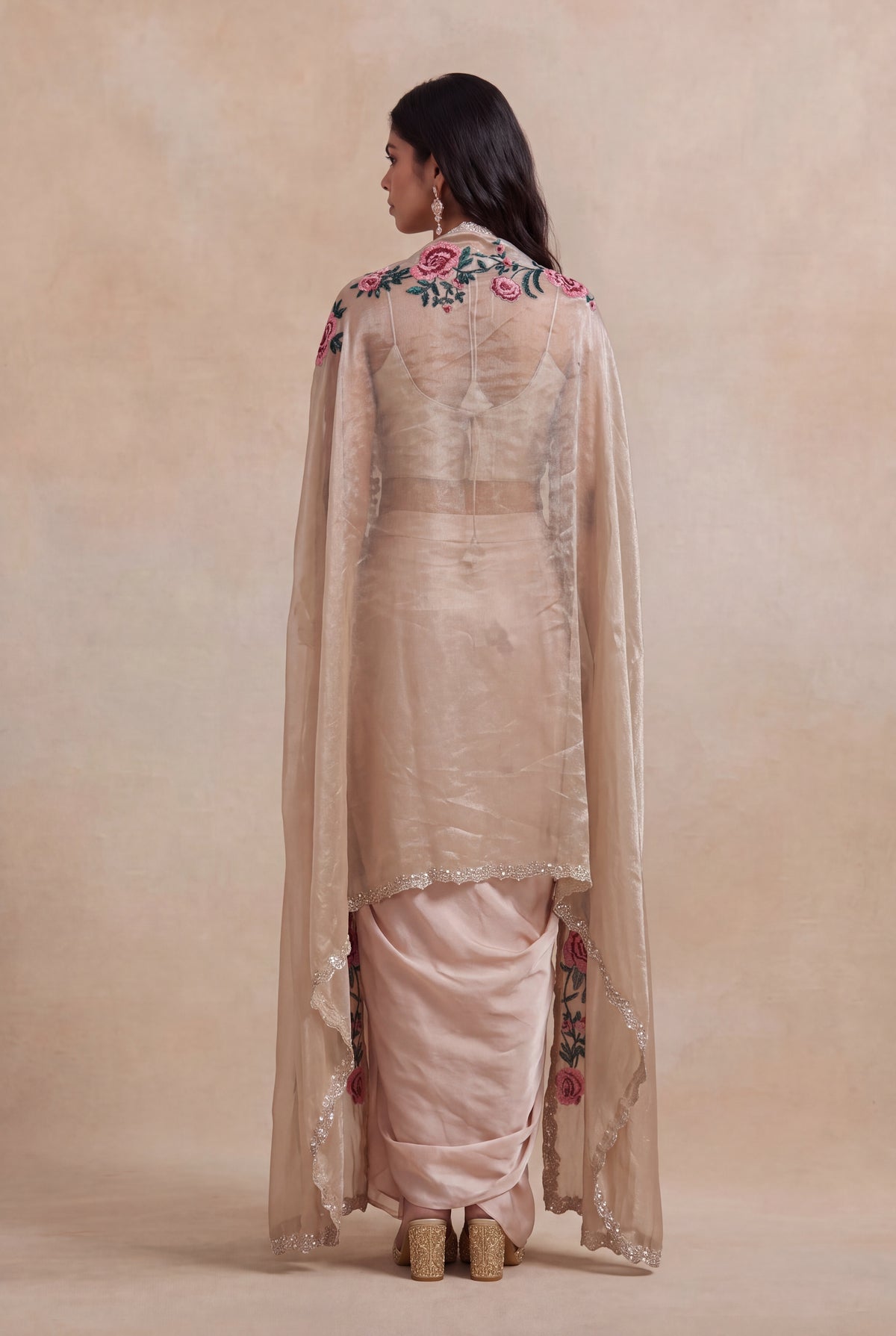 Blush Satin Floral Embroidered Indo-Western Cape Set