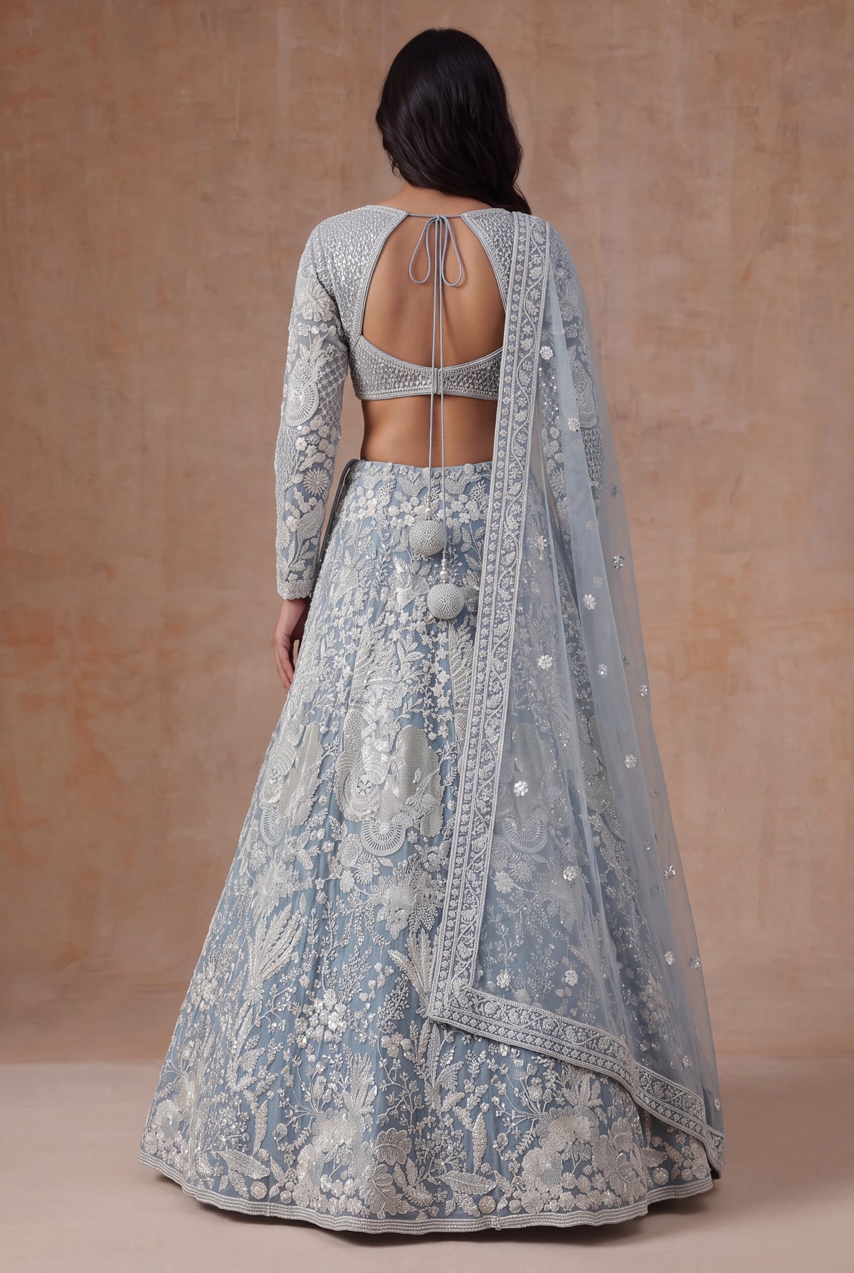 Sky Blue Net Lehenga with White Sequin and Pearl Work