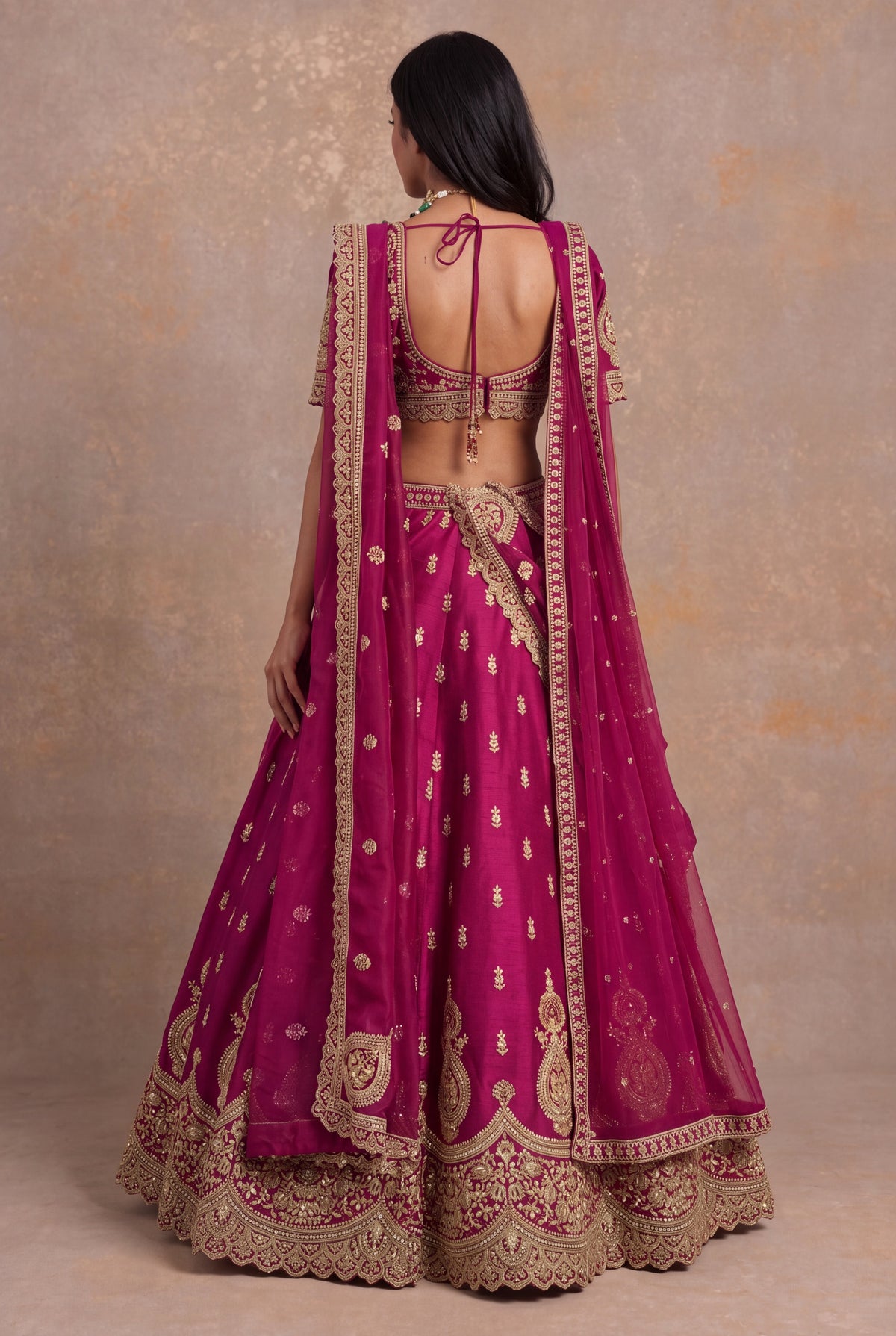 Magenta Raw Silk Lehenga Set with Zardozi and Kundan Work