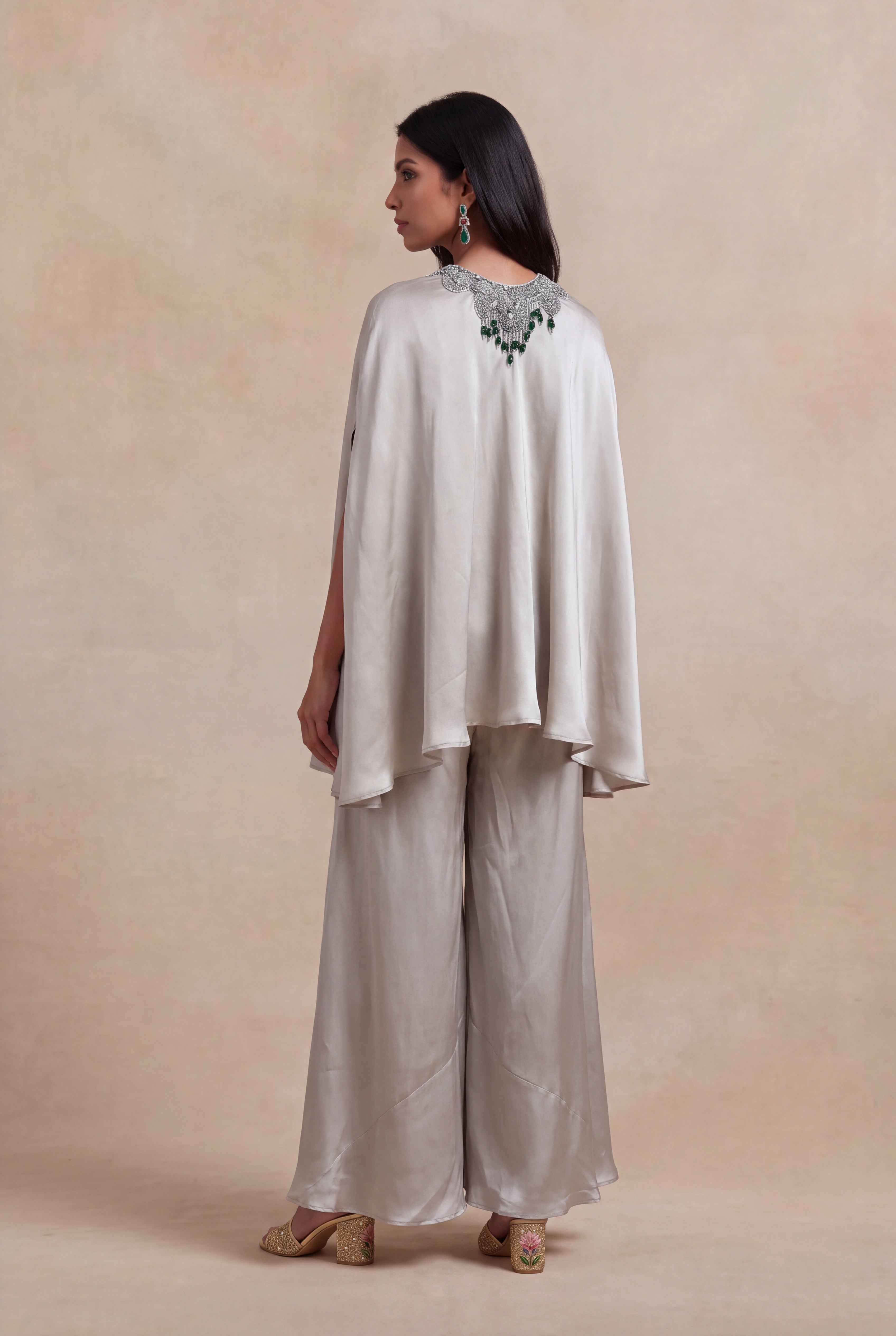 Silver Grey Satin Silk Cape Set with Bead Embellishment