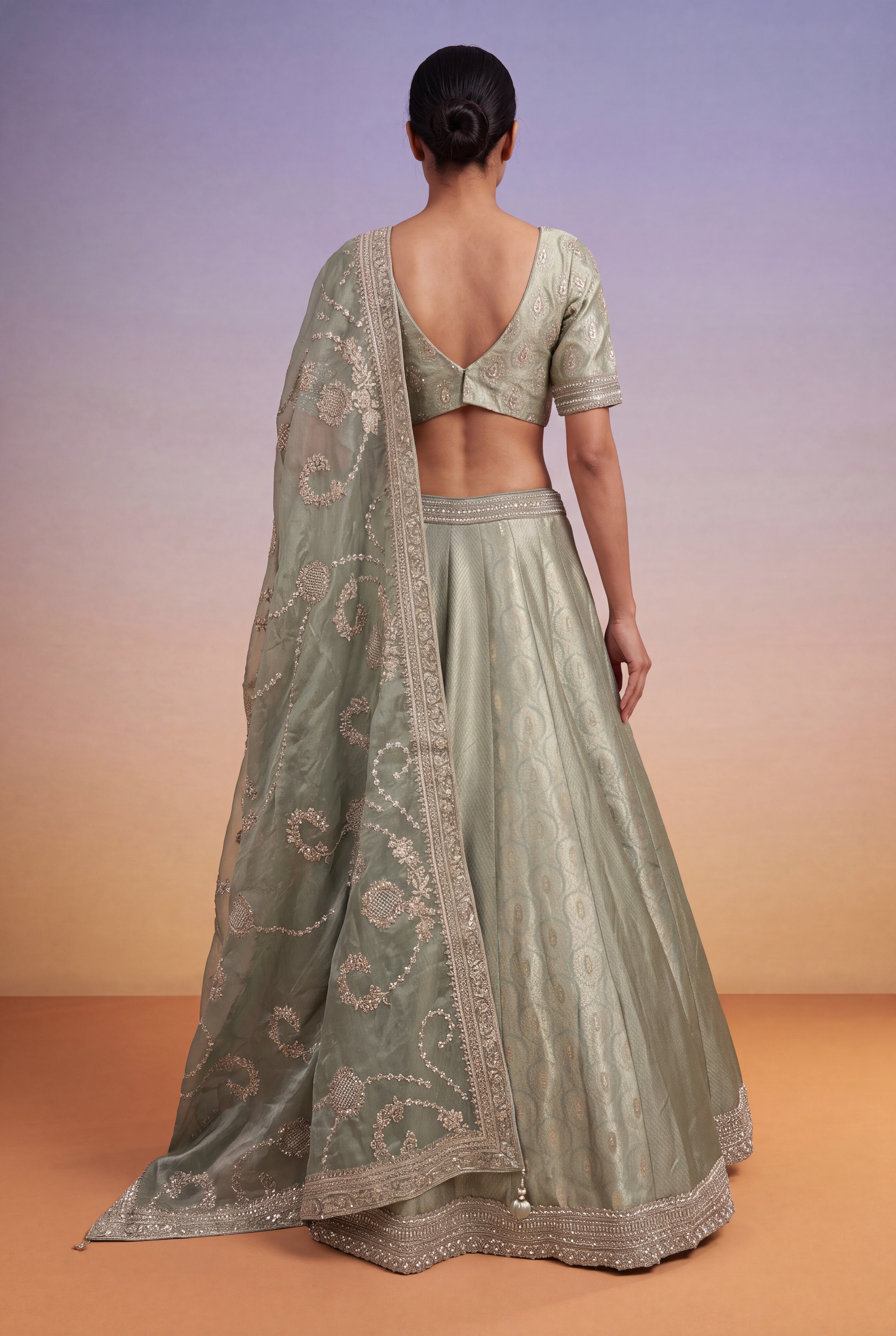 Sage Green Banarasi Silk Lehenga with Kutdana & Pearl Embroidery