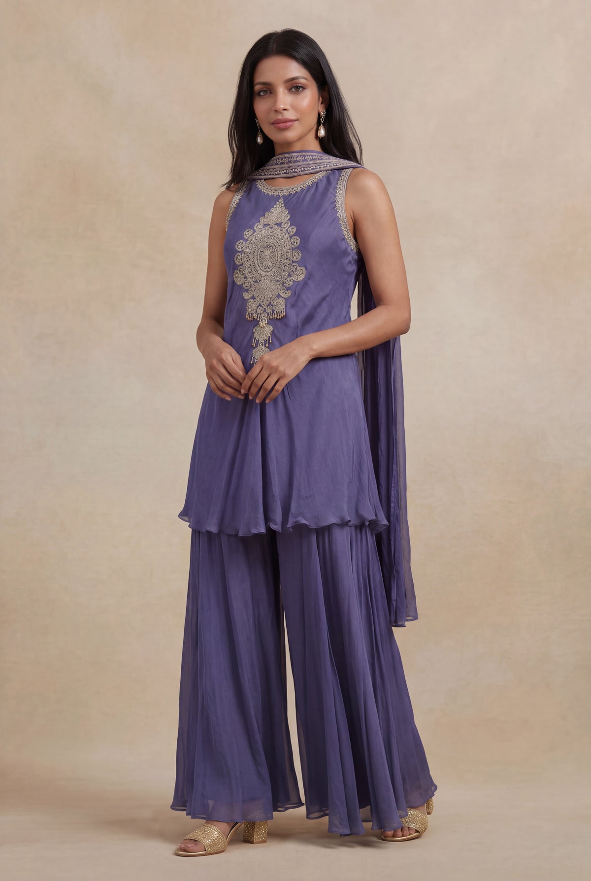 Slate Violet Chinon Katdana & Sequin Indo Western Set