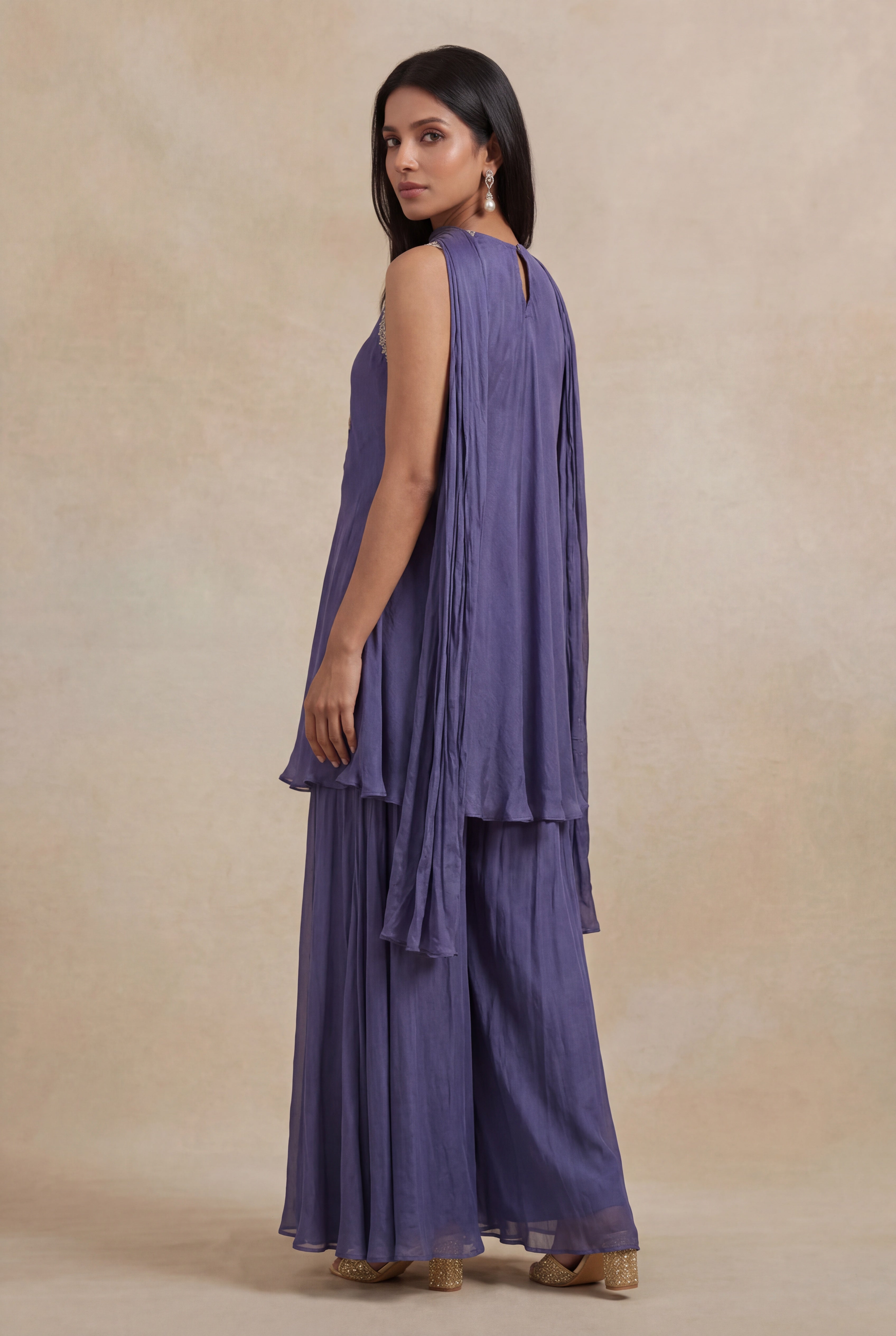 Slate Violet Chinon Katdana & Sequin Indo Western Set