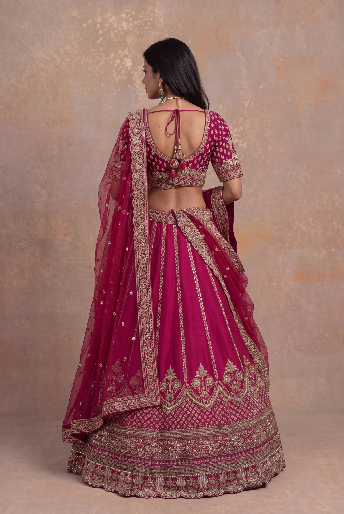 Magenta Pink Raw Silk Lehenga Set with Zardozi and Kundan Work