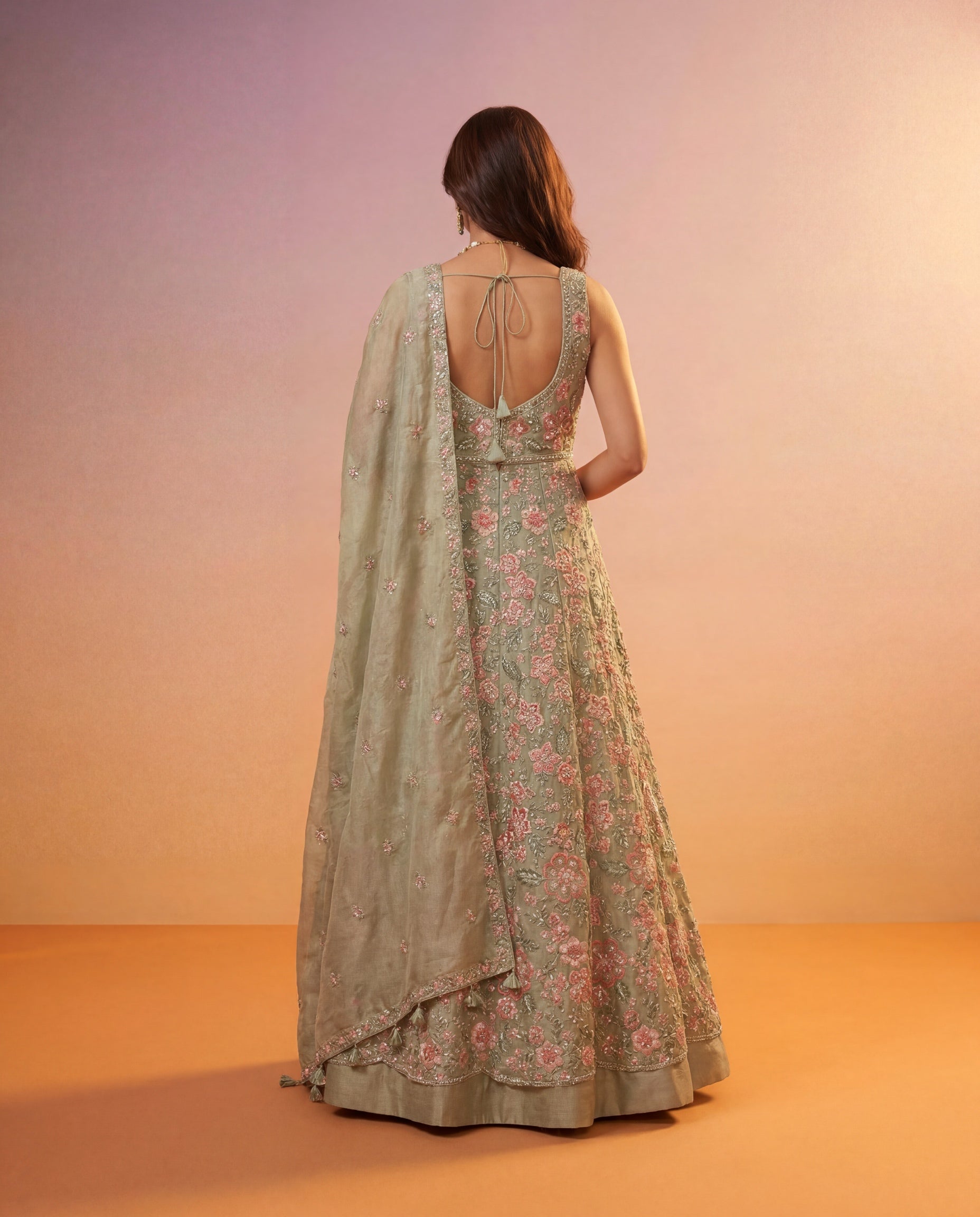 Sage Green Tissue Silk Indo-Western Lehenga