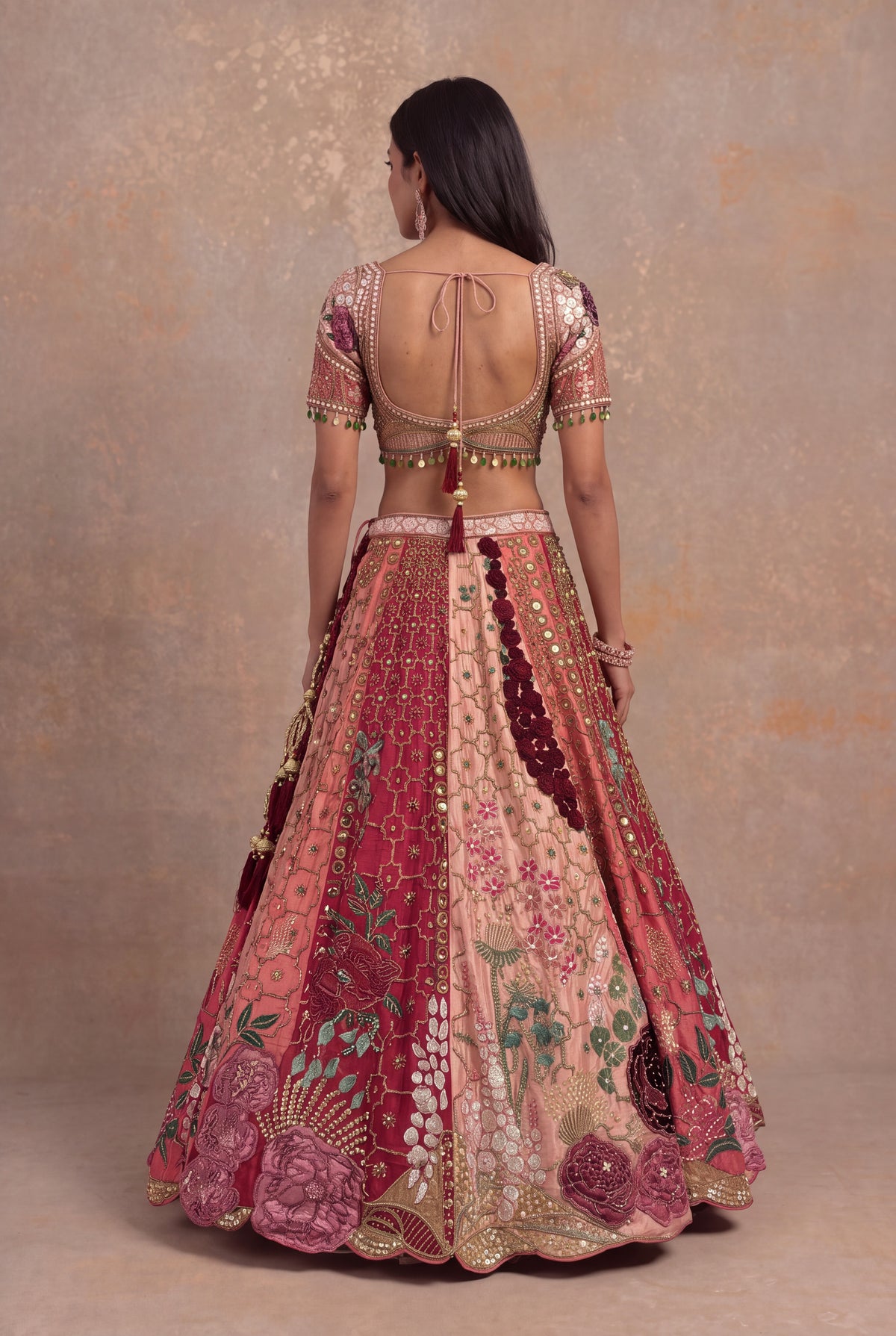 Multicolour Pink Raw Silk Embroidered Lehenga