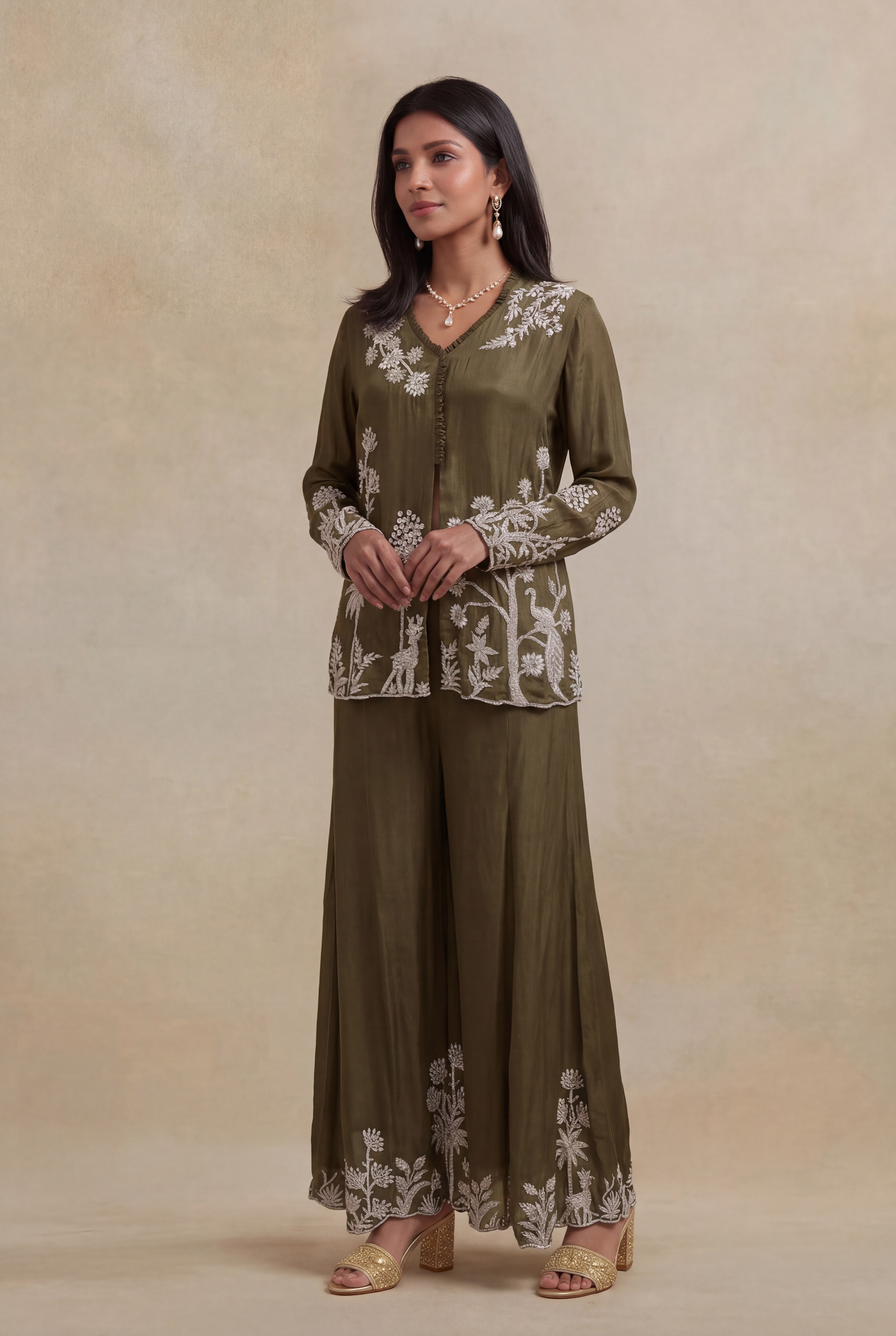 Olive Green Chinon Indo-Western Co-Ord Set