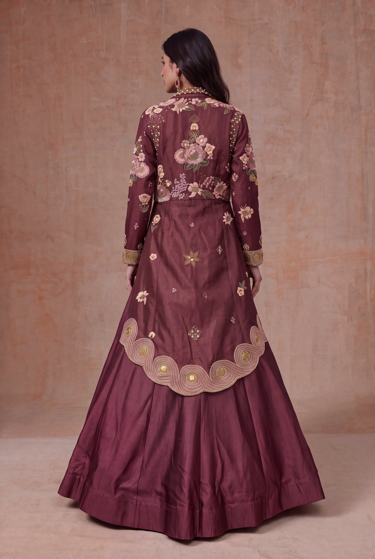Wine Mauve Raw Silk Jacket Lehenga with Floral Embroidery