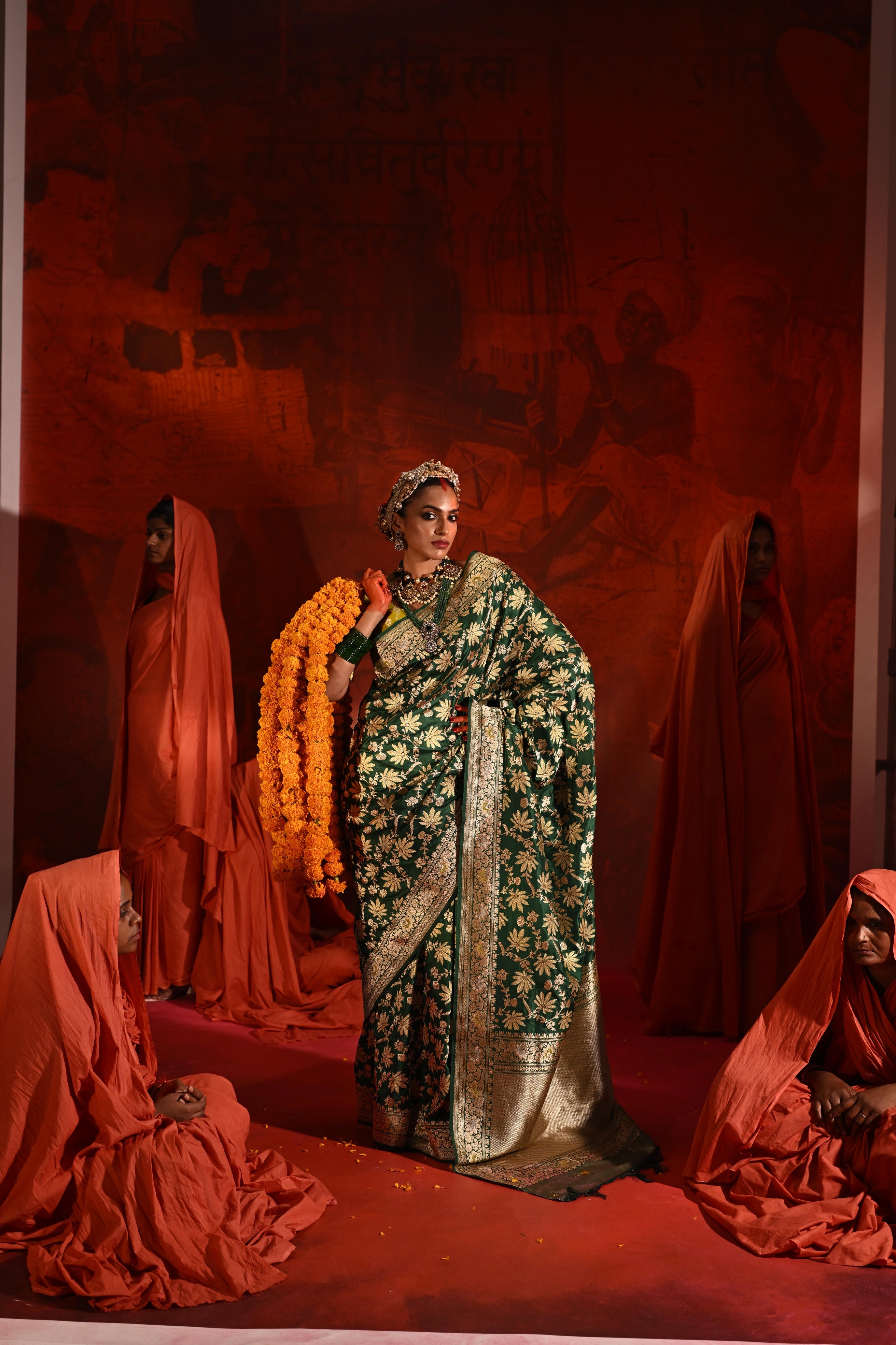 Green Banarasi Silk Saree with Meena Jaal Zari Weaving