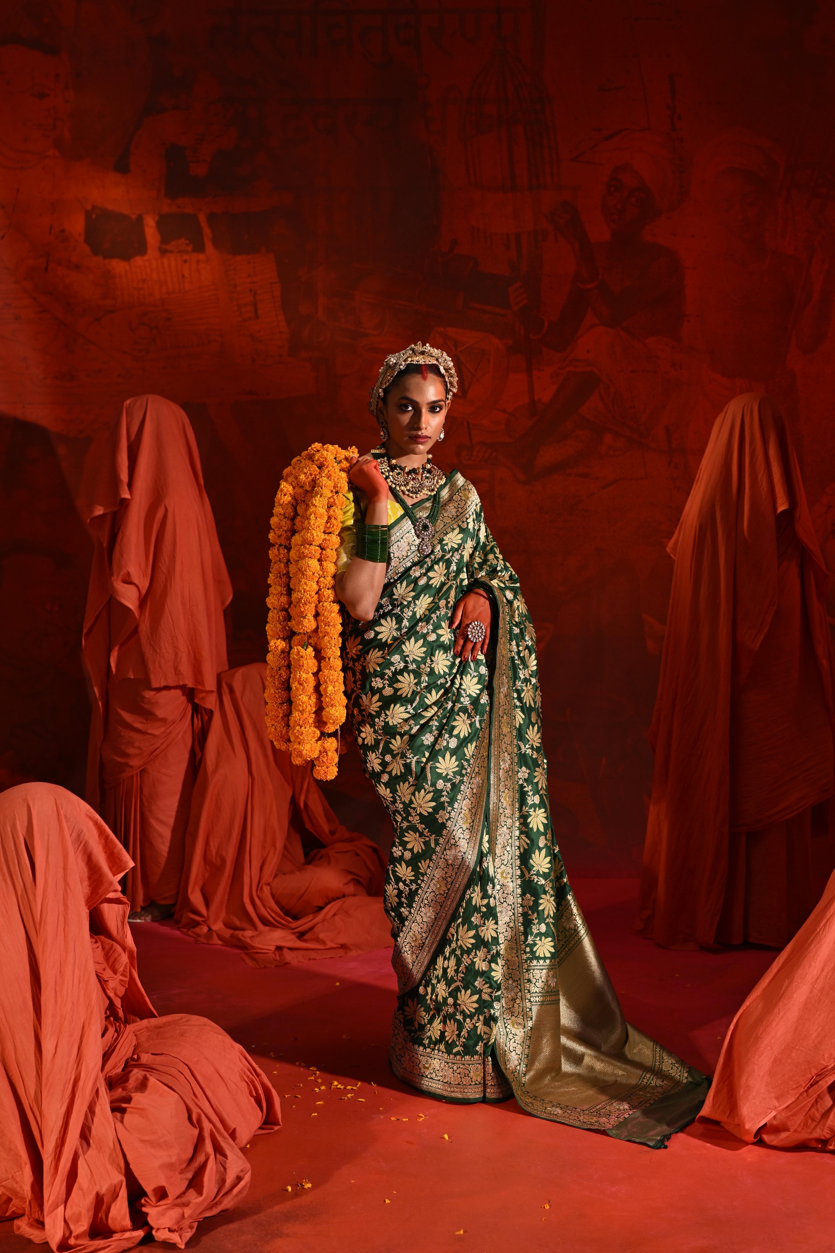 Green Banarasi Silk Saree with Meena Jaal Zari Weaving
