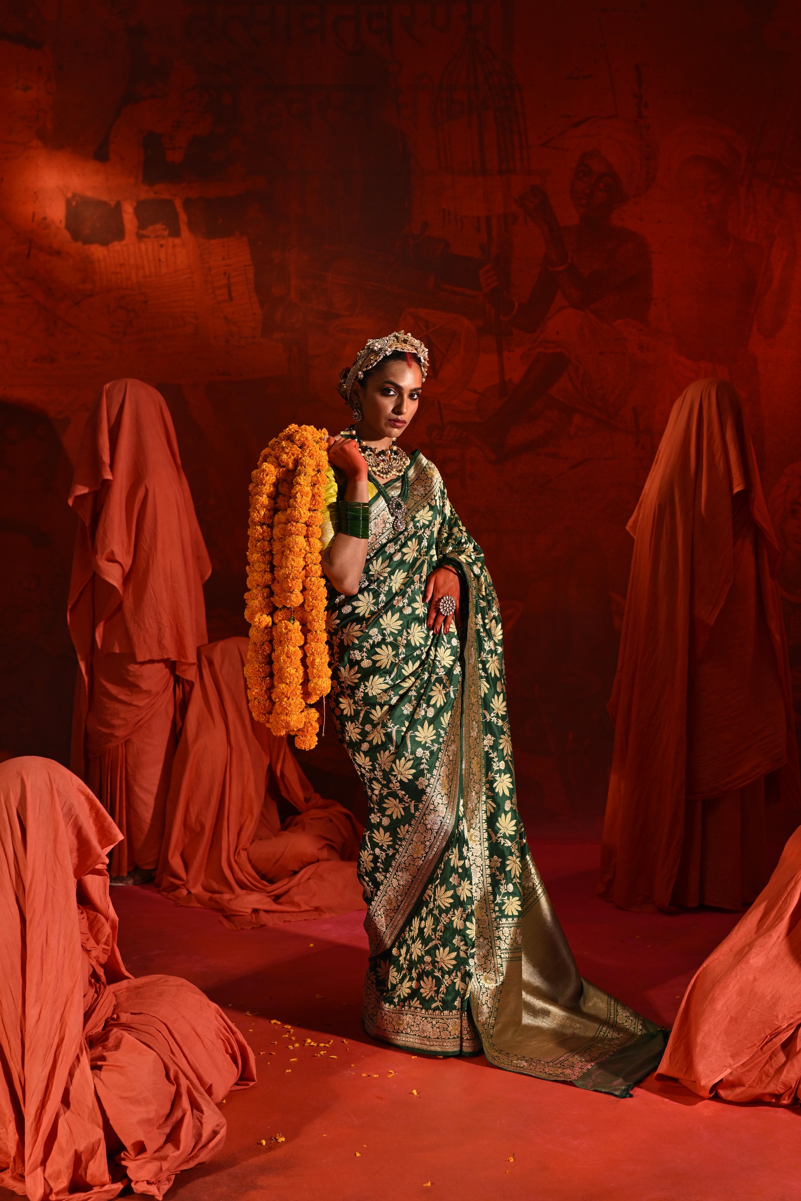 Green Banarasi Silk Saree with Meena Jaal Zari Weaving