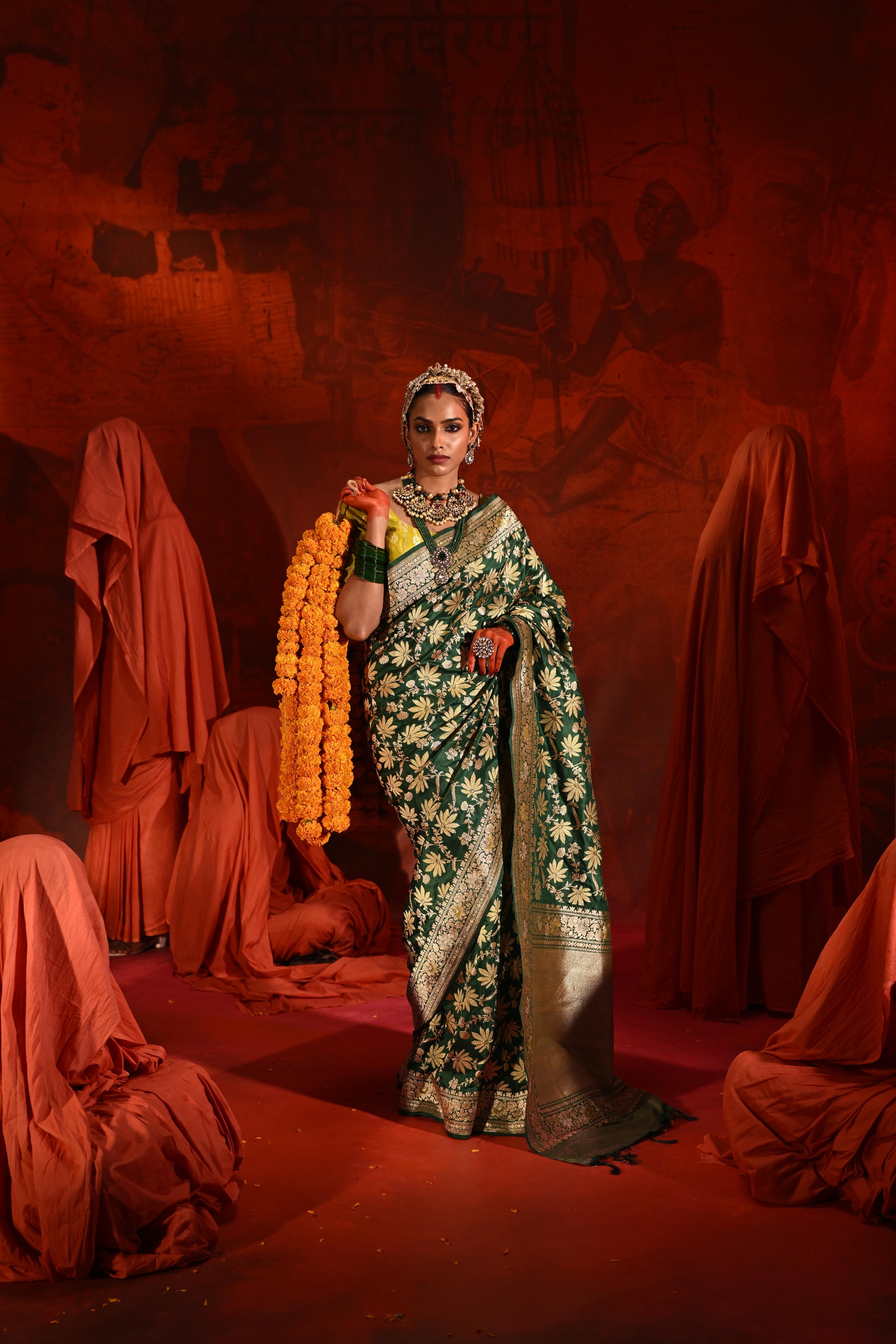Green Banarasi Silk Saree with Meena Jaal Zari Weaving