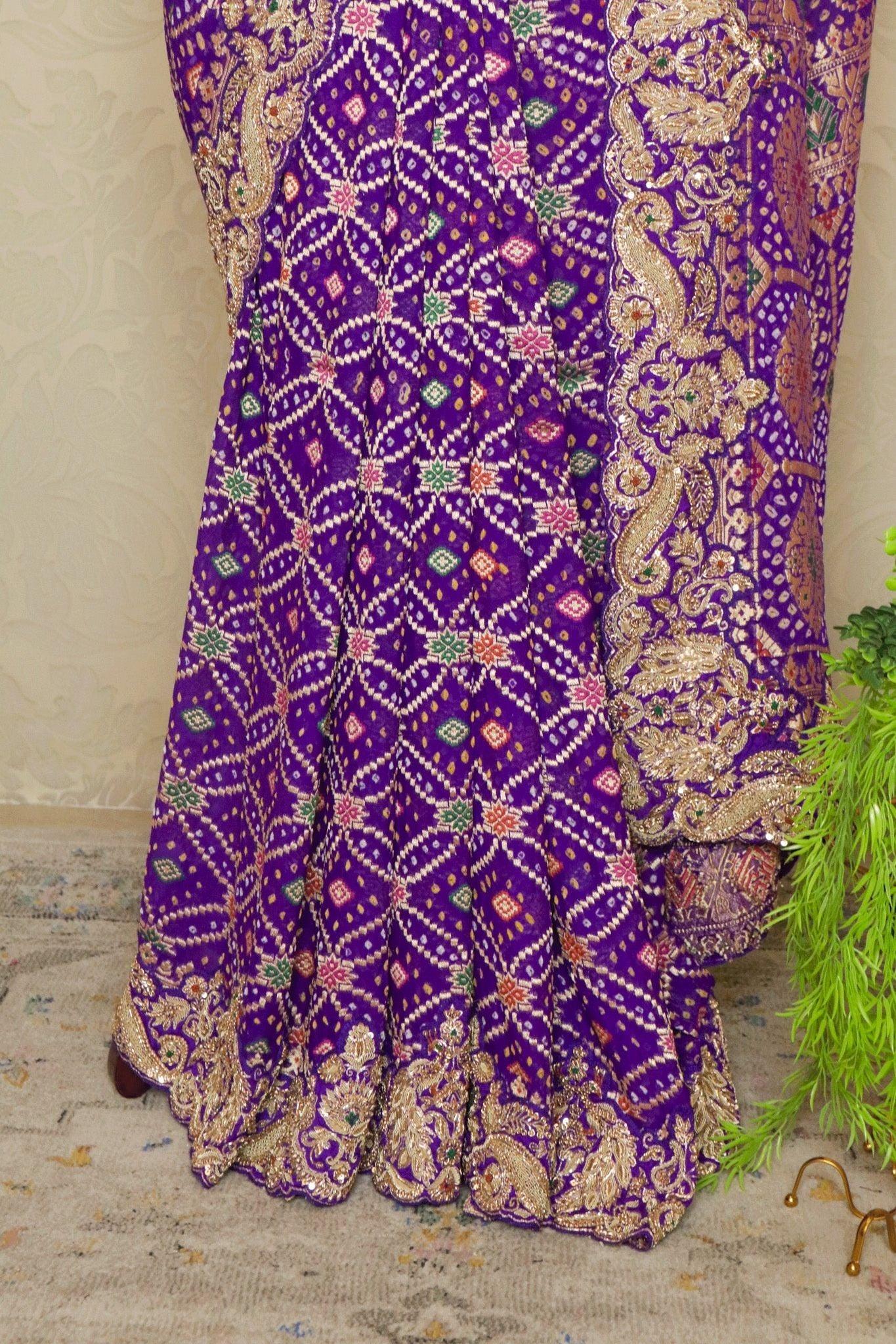 Purple Bandhani Banarasi Georgette Saree with Zardozi Border.
