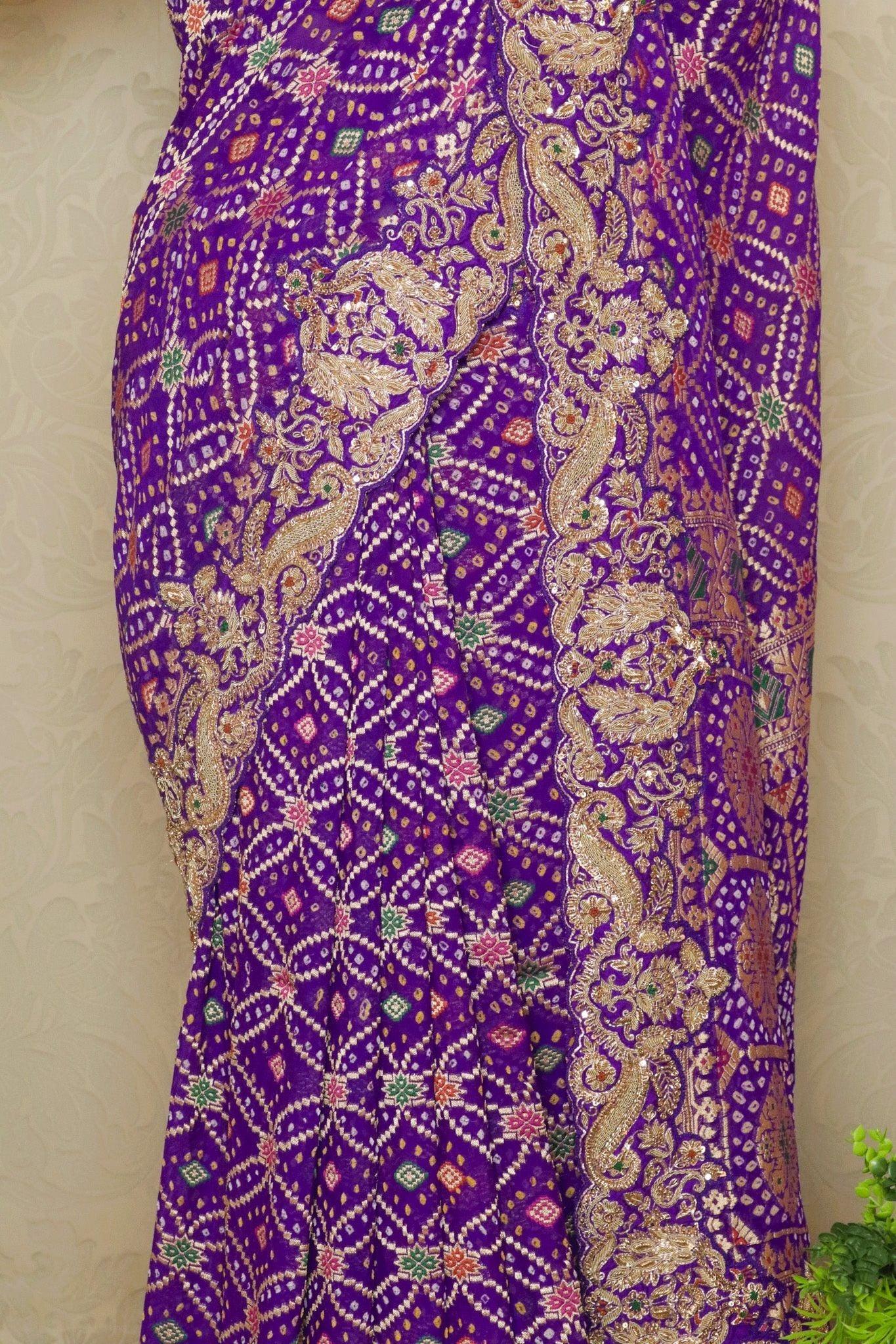 Purple Bandhani Banarasi Georgette Saree with Zardozi Border.