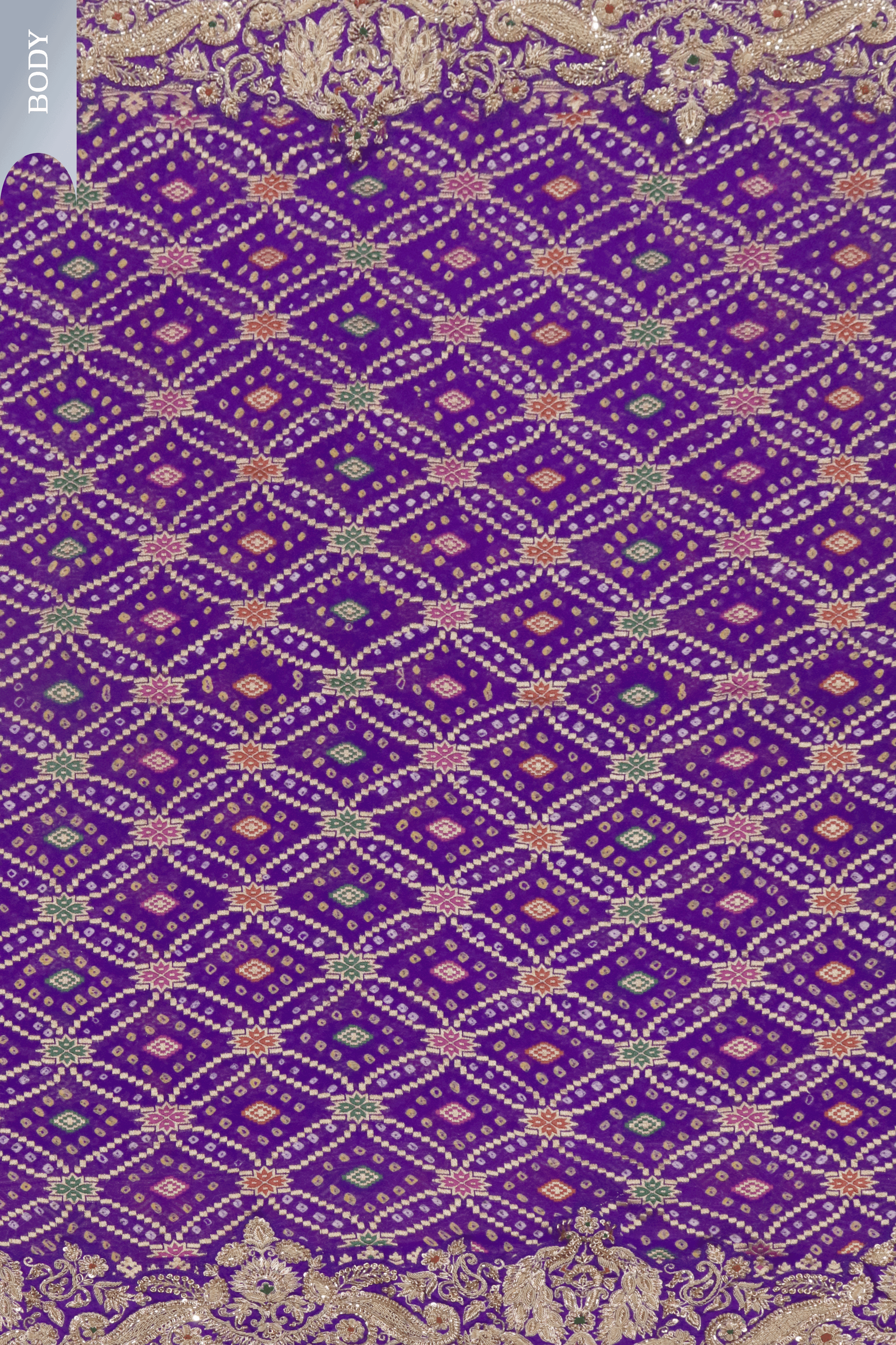 Purple Bandhani Banarasi Georgette Saree with Zardozi Border.