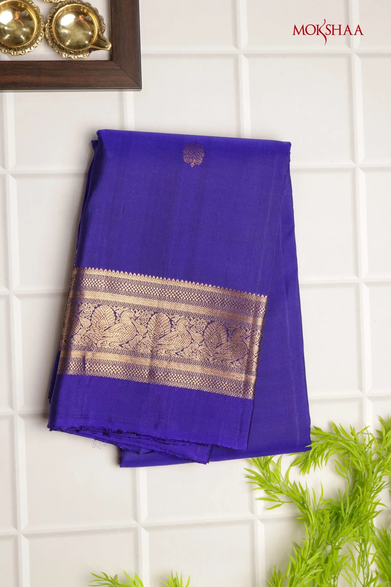 Ink Blue Kanchivaram Silk Saree with Zari Border | Mokshaa