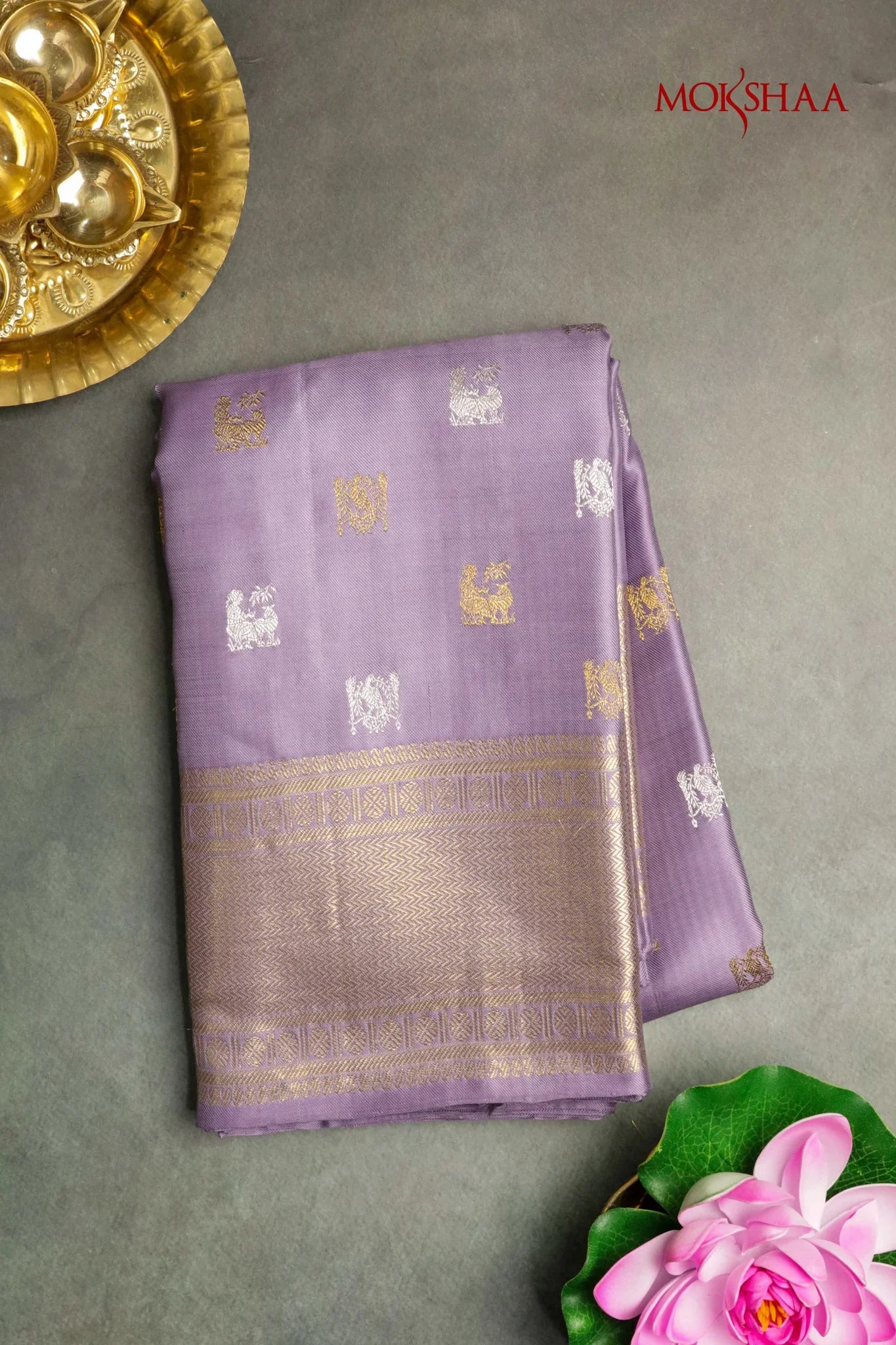 Lavender Kanchivaram Silk Saree with Gold & Silver Zari | Mokshaa